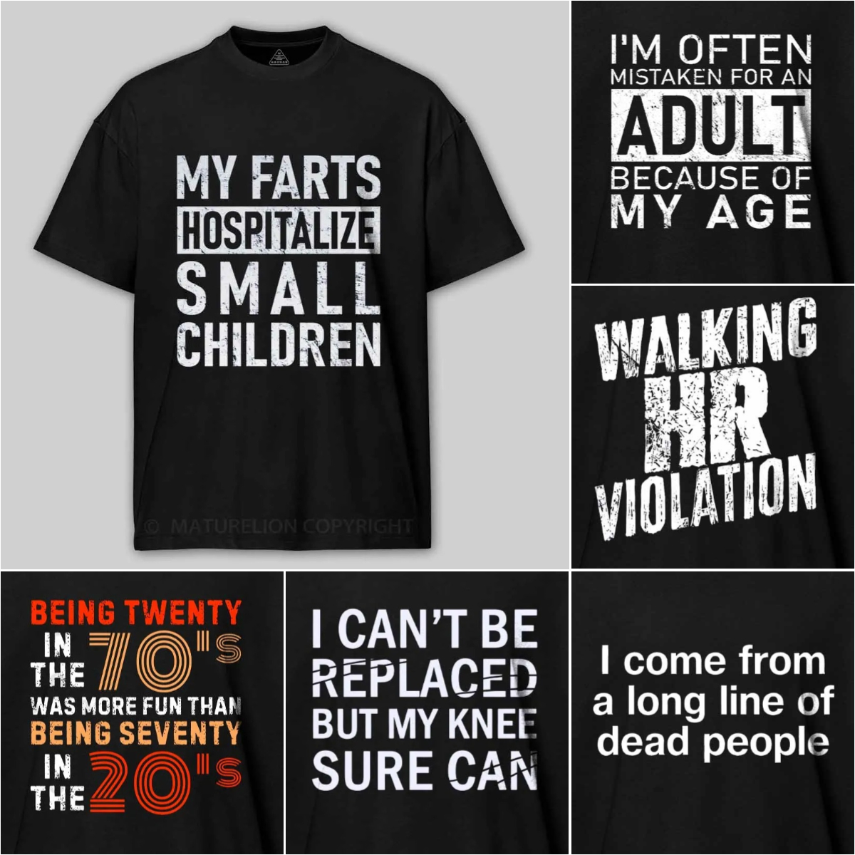 Maturelion Funny Clothing Facebook ad: Every shirt = a punchline.