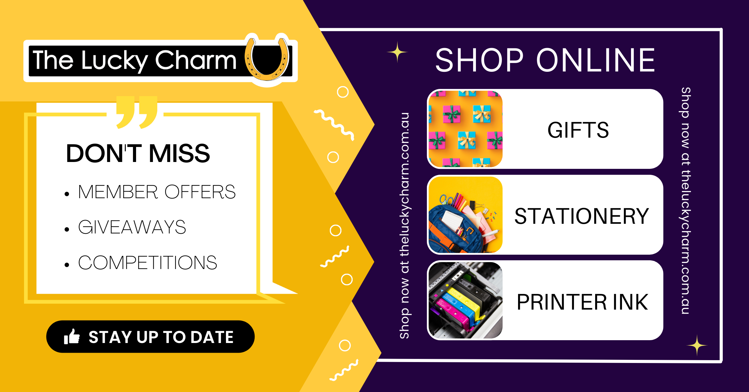 The Lucky Charm Facebook ad: Shop Gifts, Stationery, Printer Ink, Lotto and much…