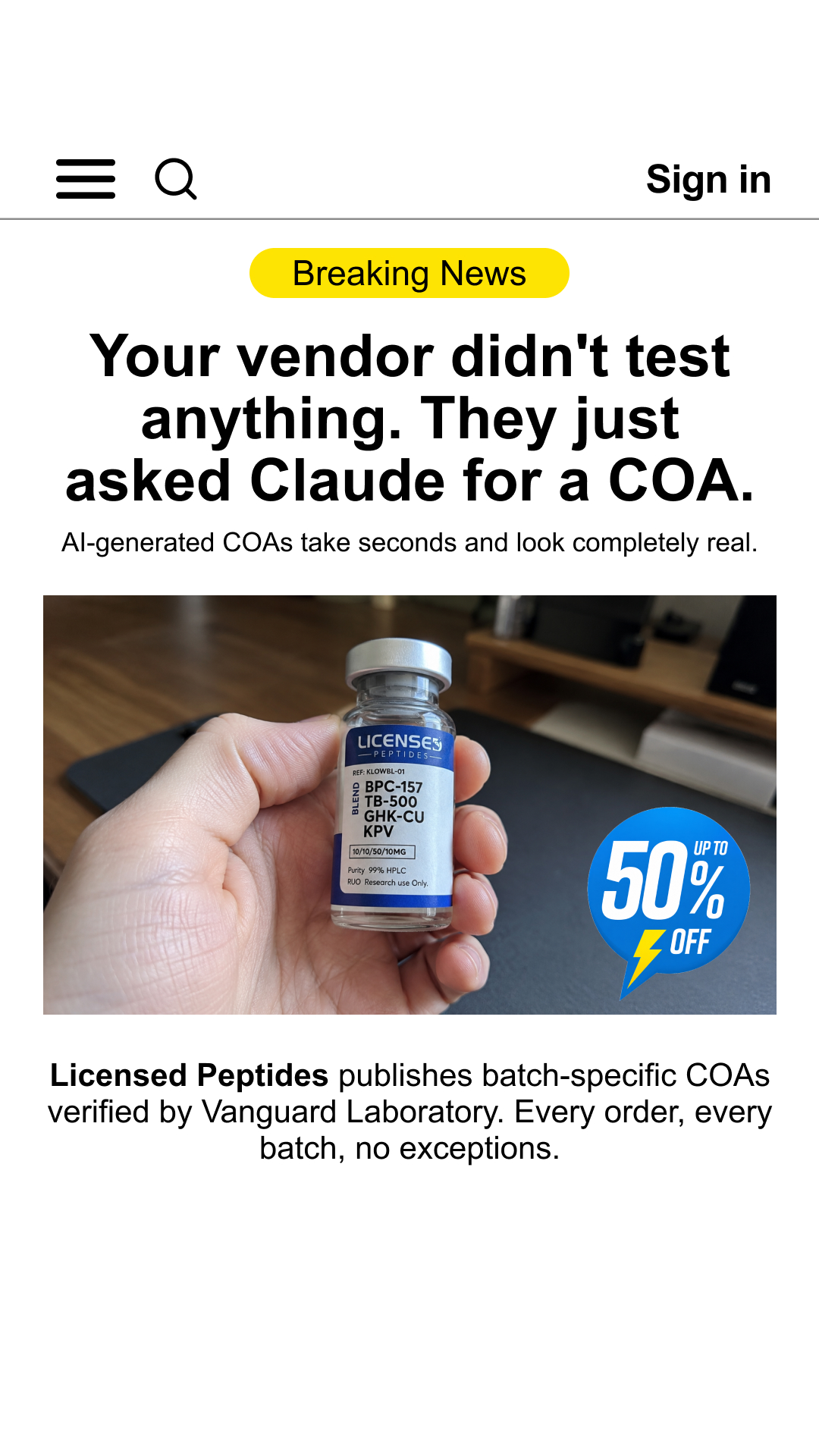 Licensed Peptides Facebook ad: UP TO 50% OFF Research Peptides