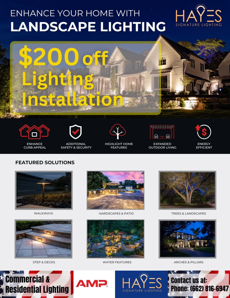 Hayes Signature Lighting Facebook ad: We specialize in custom outdoor lighting installations…