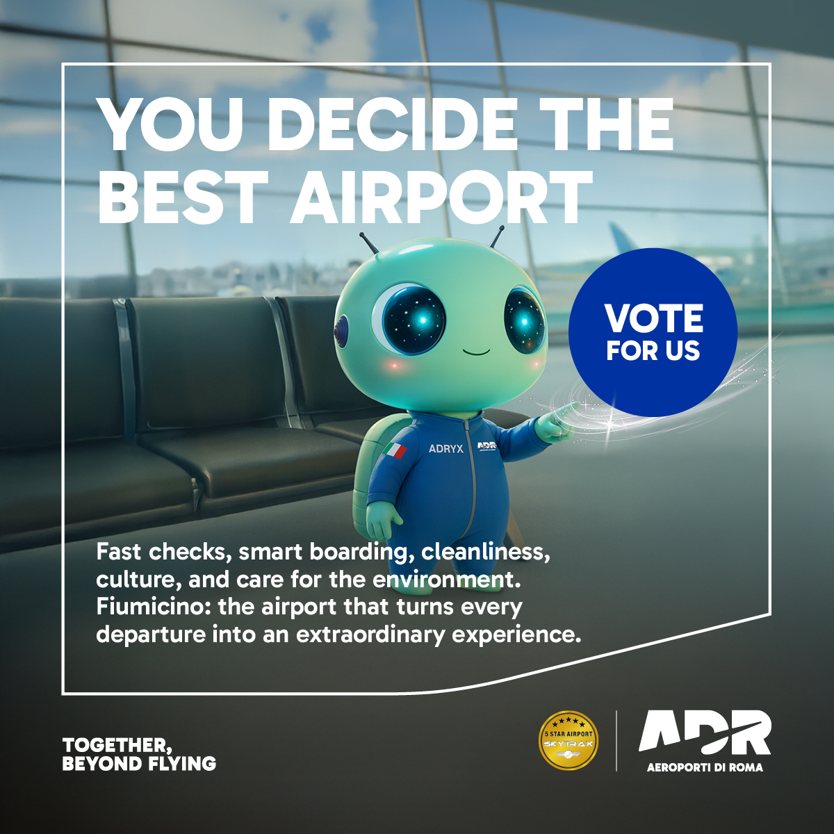 Rome Airports Facebook ad: Give 5 stars to Rome Fiumicino: our airport…