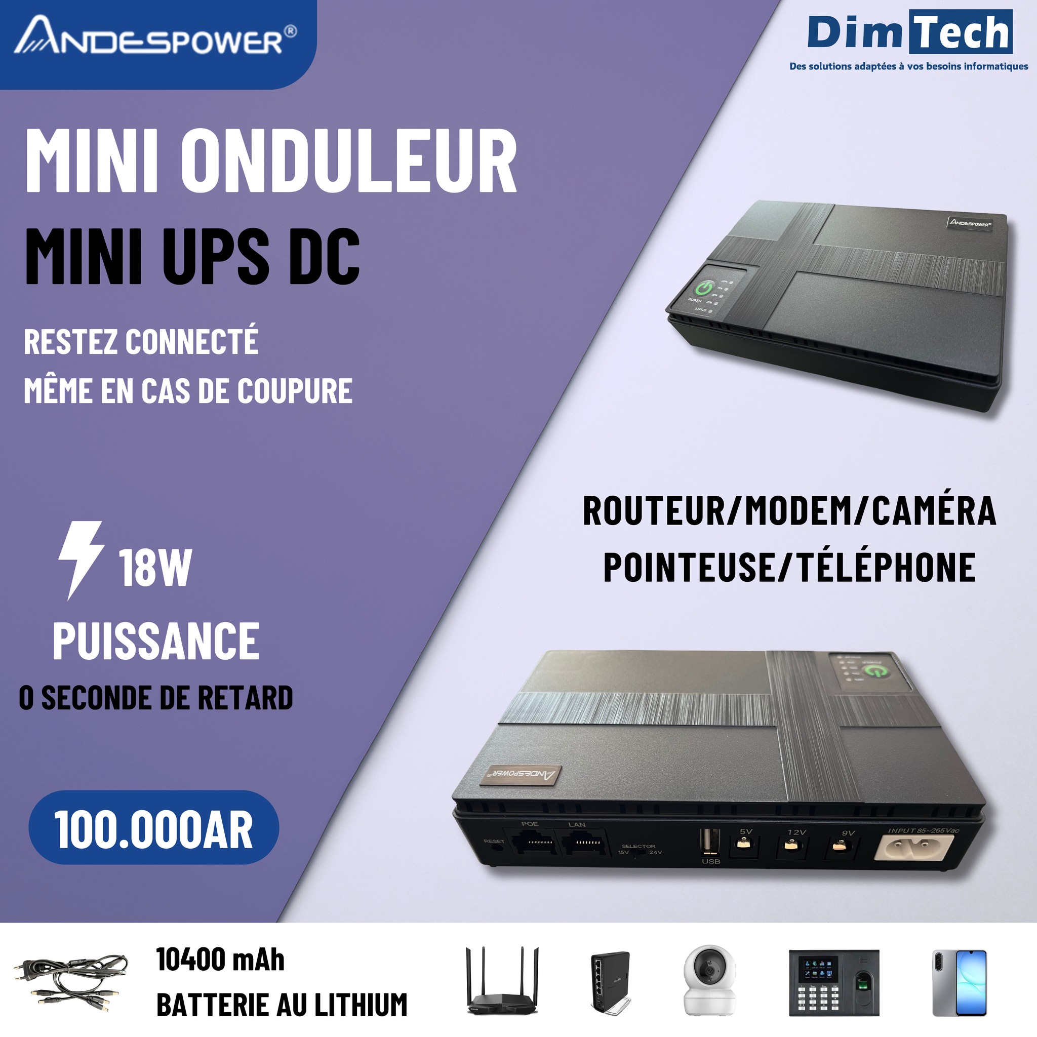 DimTech Facebook ad: MINI ONDULEUR Andespower ANTI-COUPURE