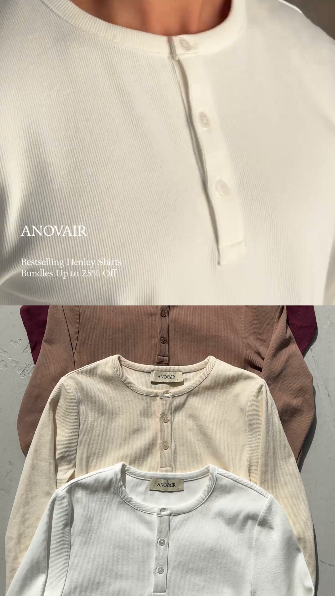 Anovair Facebook ad: Bestselling Henley Shirts, Buy 3 & Save 25%