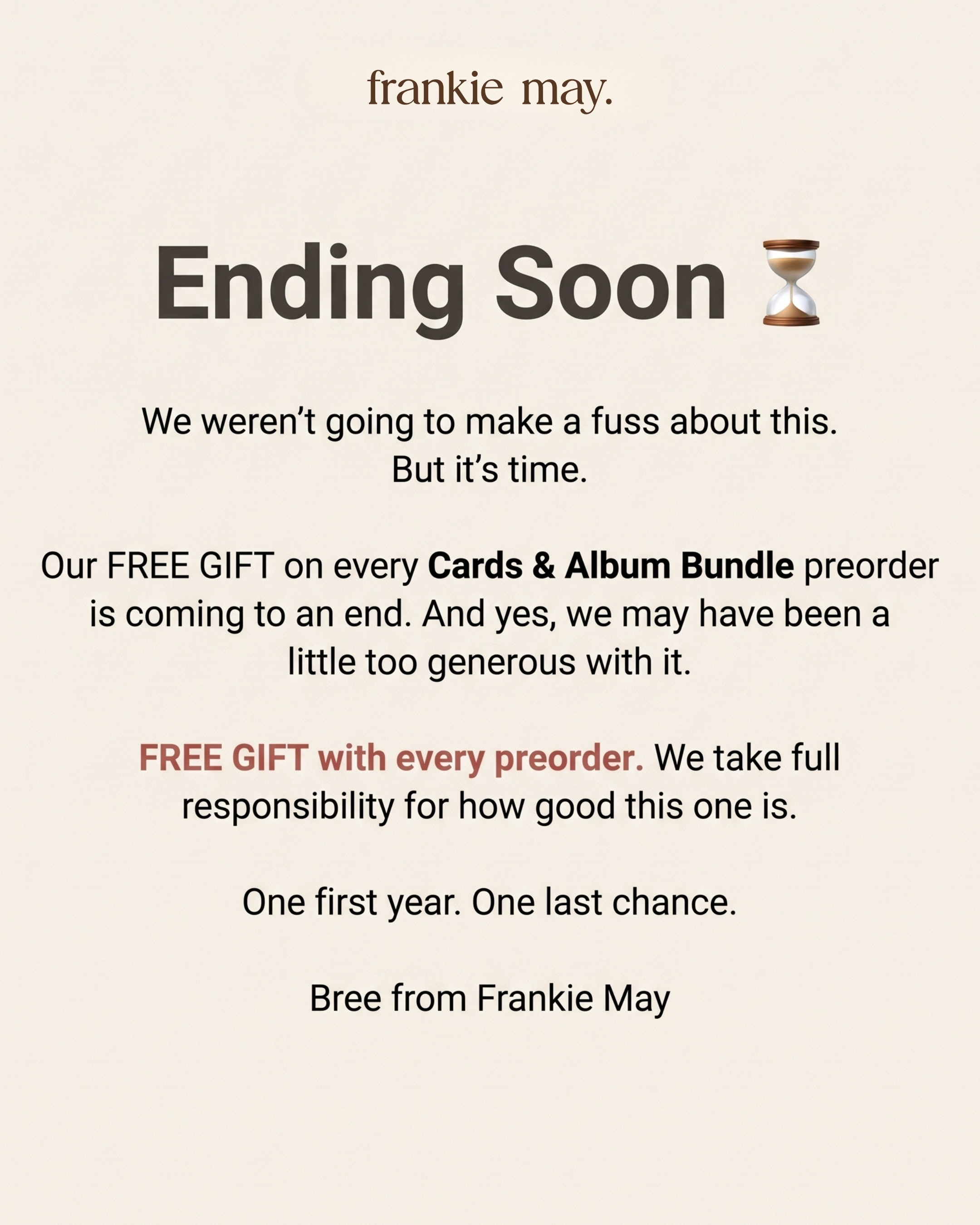 Frankie May Facebook ad: Preorder now. Free gift included.