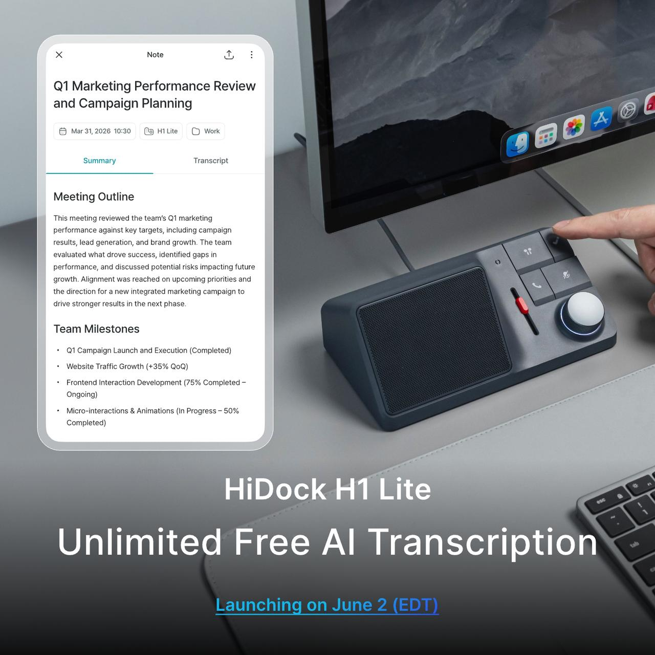 HiDock Facebook ad: Reserve Launch Special $20 off. Free Shipping.