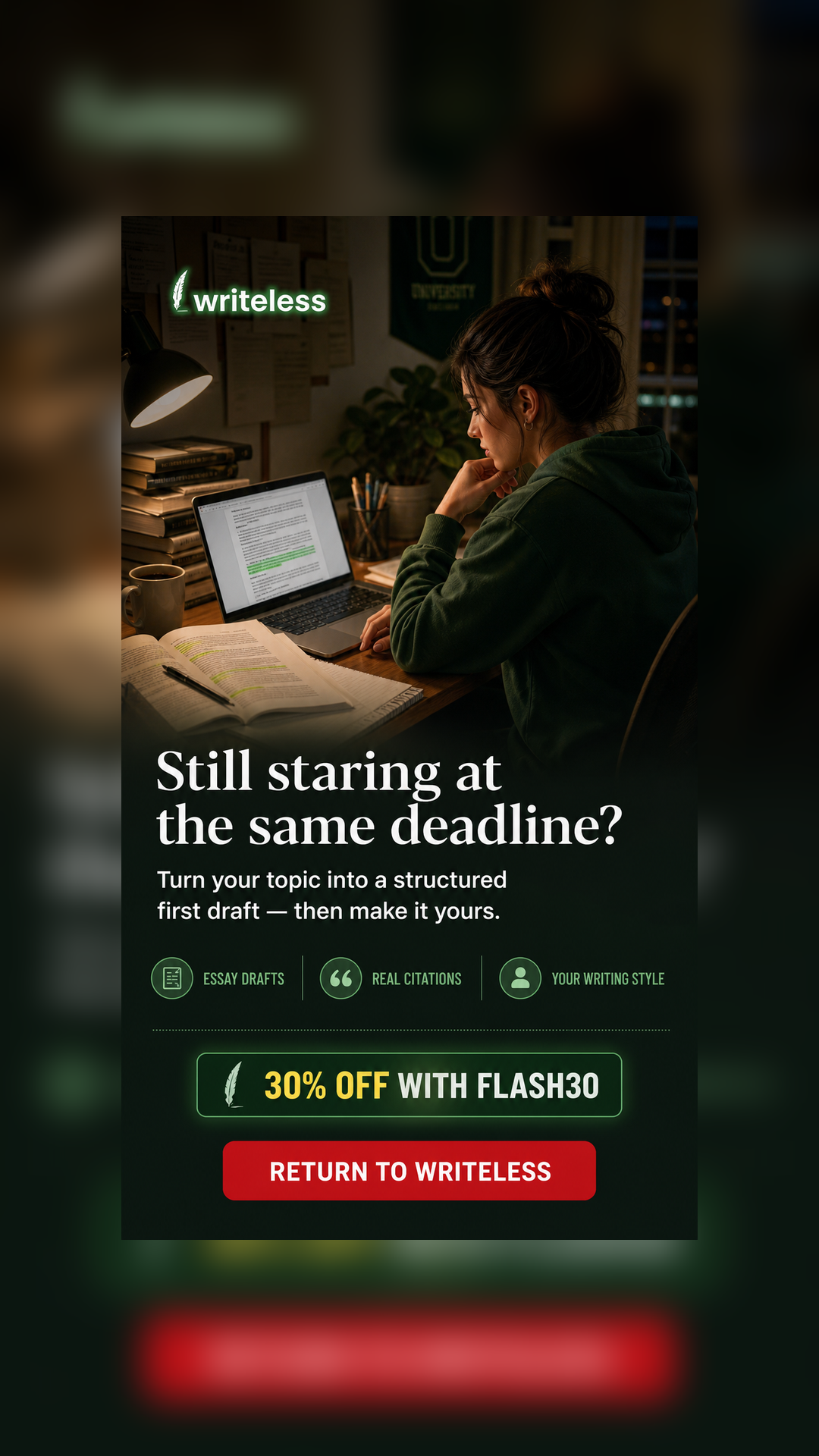 Writeless AI Facebook ad: 30% Off Writeless AI Today