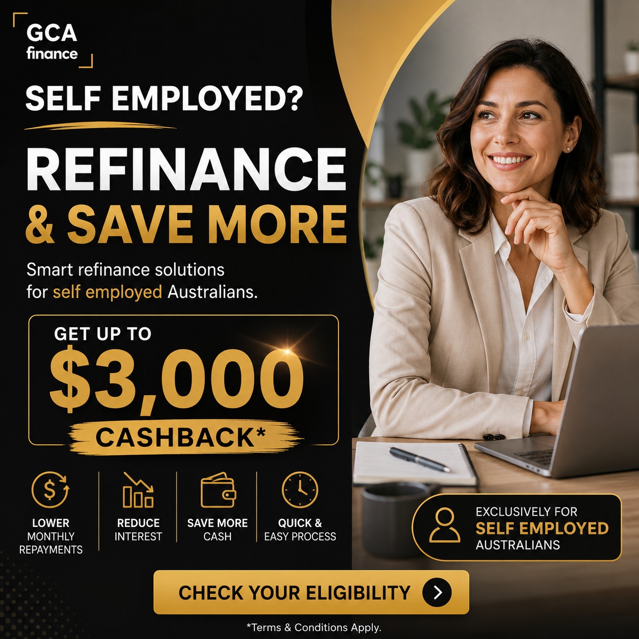 GCA Finance Facebook ad: Self-Employed? Refinance Smarter