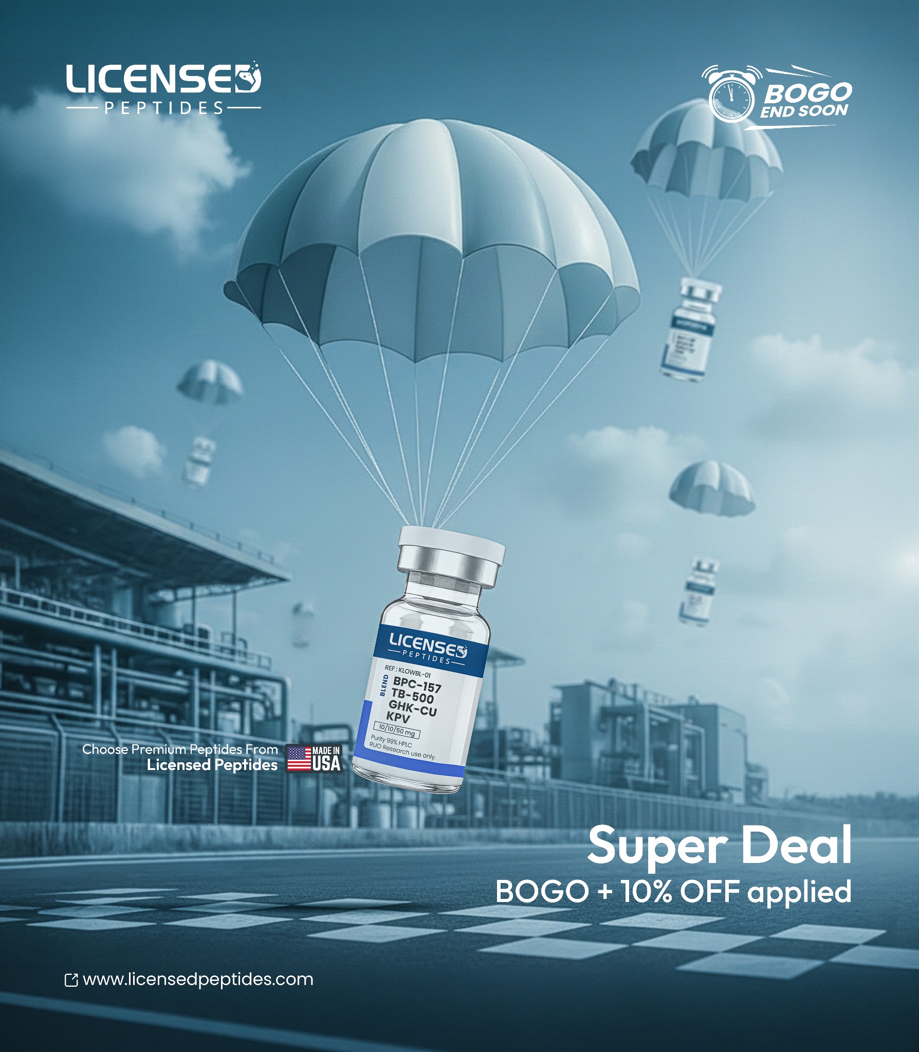 LicensedPeptides.com Facebook ad: Buy One Get One Free Sale Ends Soon