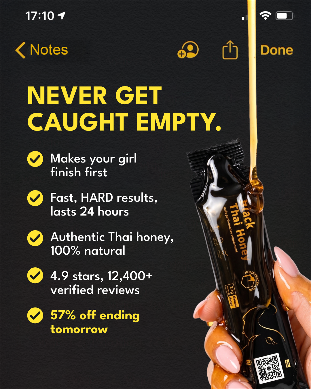 Honeypacks.com Facebook ad: The Honey That Turns Minutes To Hours