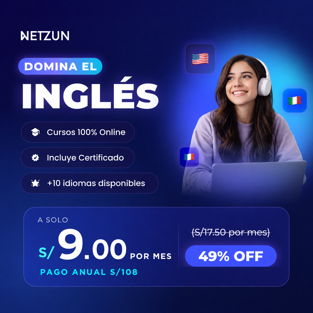 Netzun Facebook ad: ¡Domina el inglés HOY!