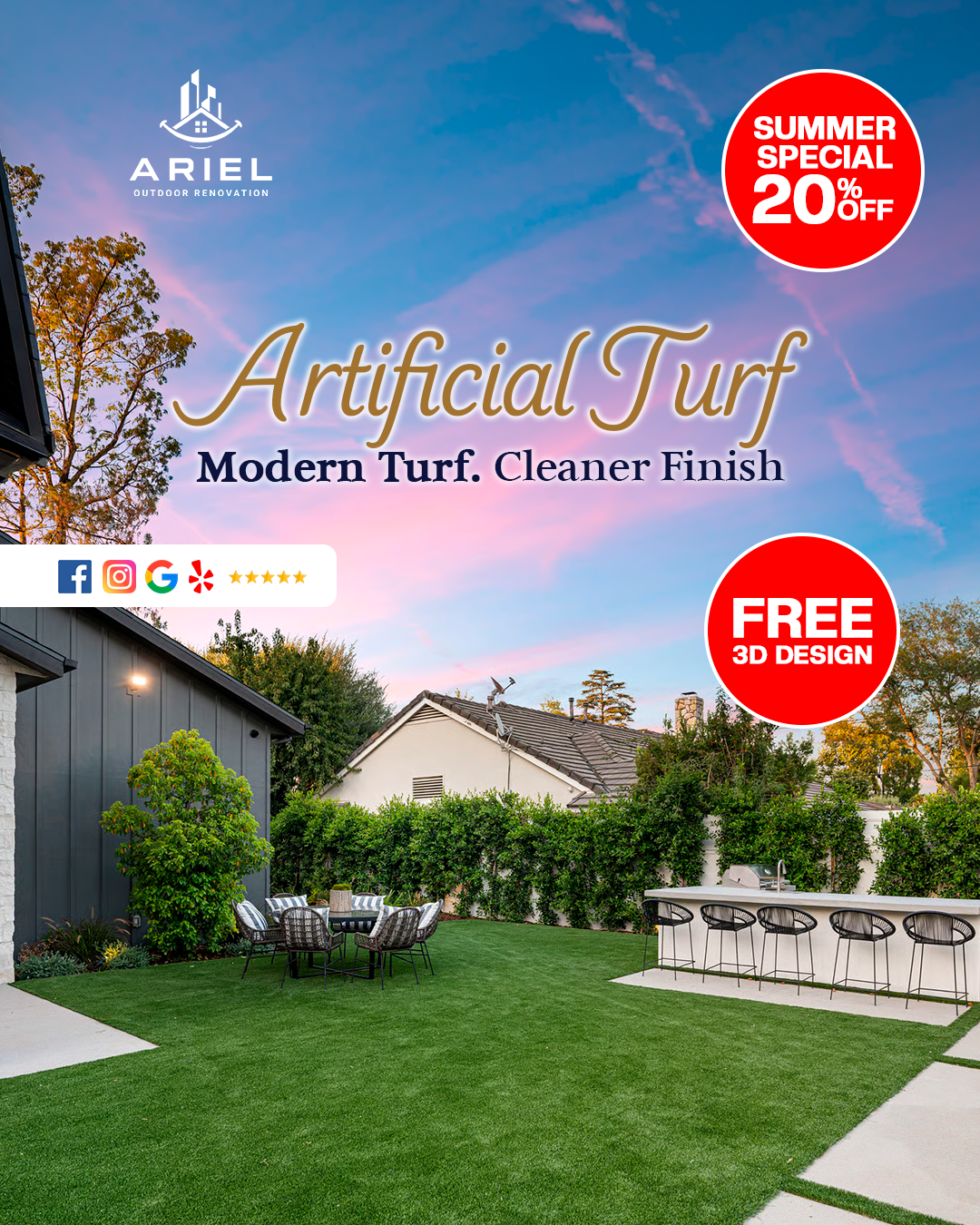 Ariel Outdoor Renovations Facebook ad: 20% Off Artificial Turf This Summer