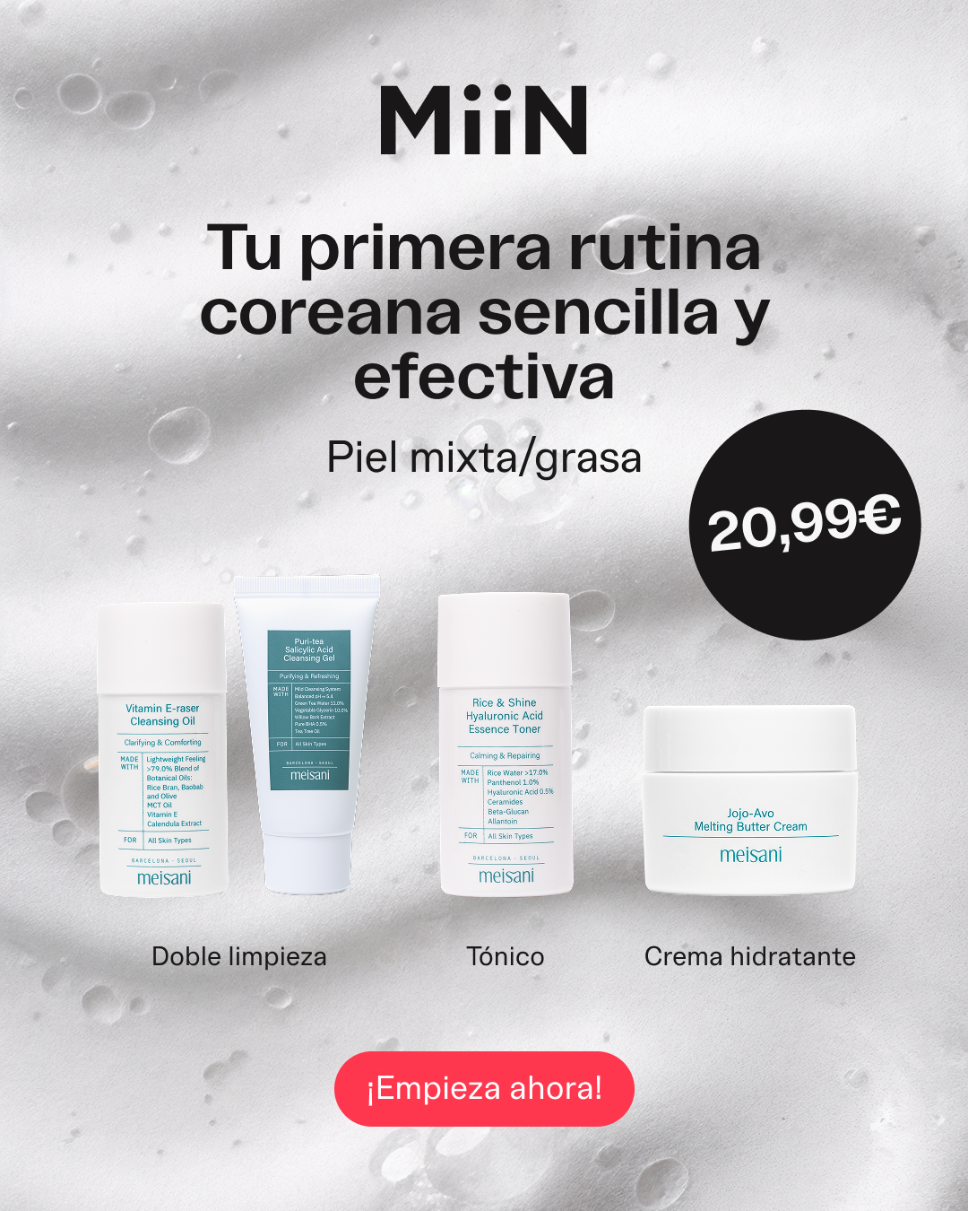 MiiN Korean Cosmetics Facebook ad: Tu primera rutina coreana en 4 pasos.
