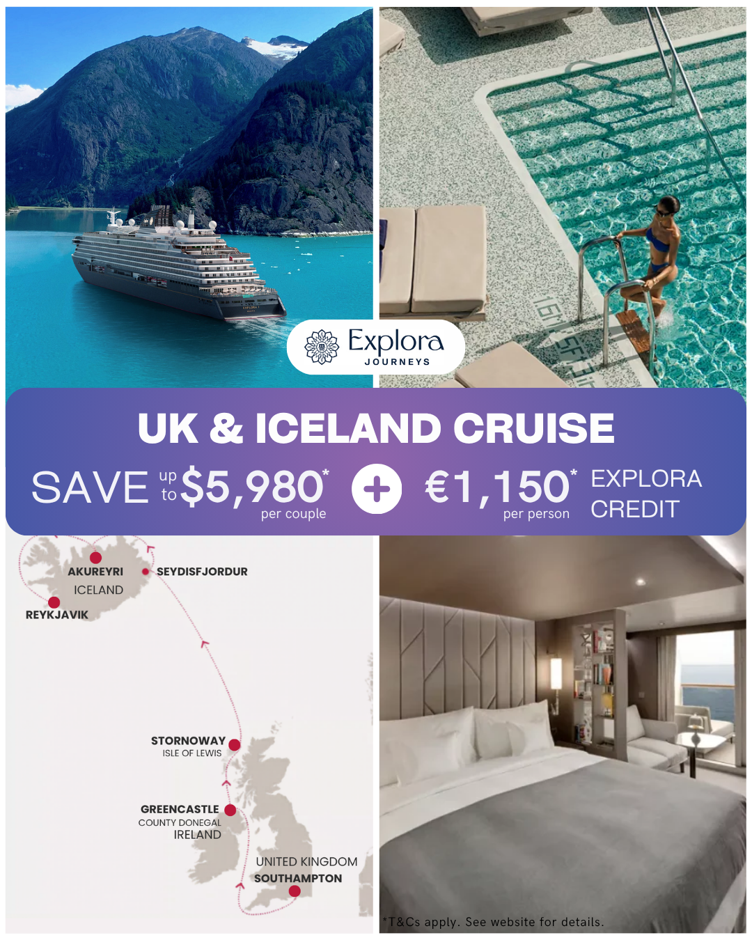 Flat Beds Tour + Cruise Facebook ad: Save 5,980* + €1,150* Explora Credit