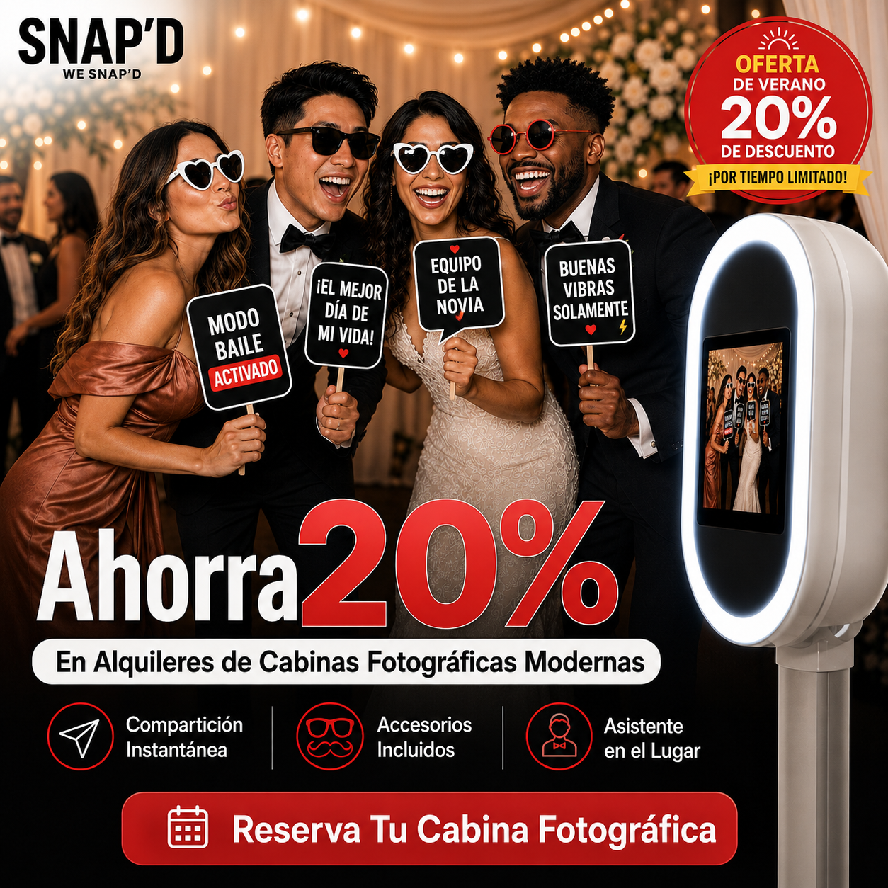 Snap’d - Photo-Booth Rental Facebook ad: Cabina de fotos al aire libre desde $299