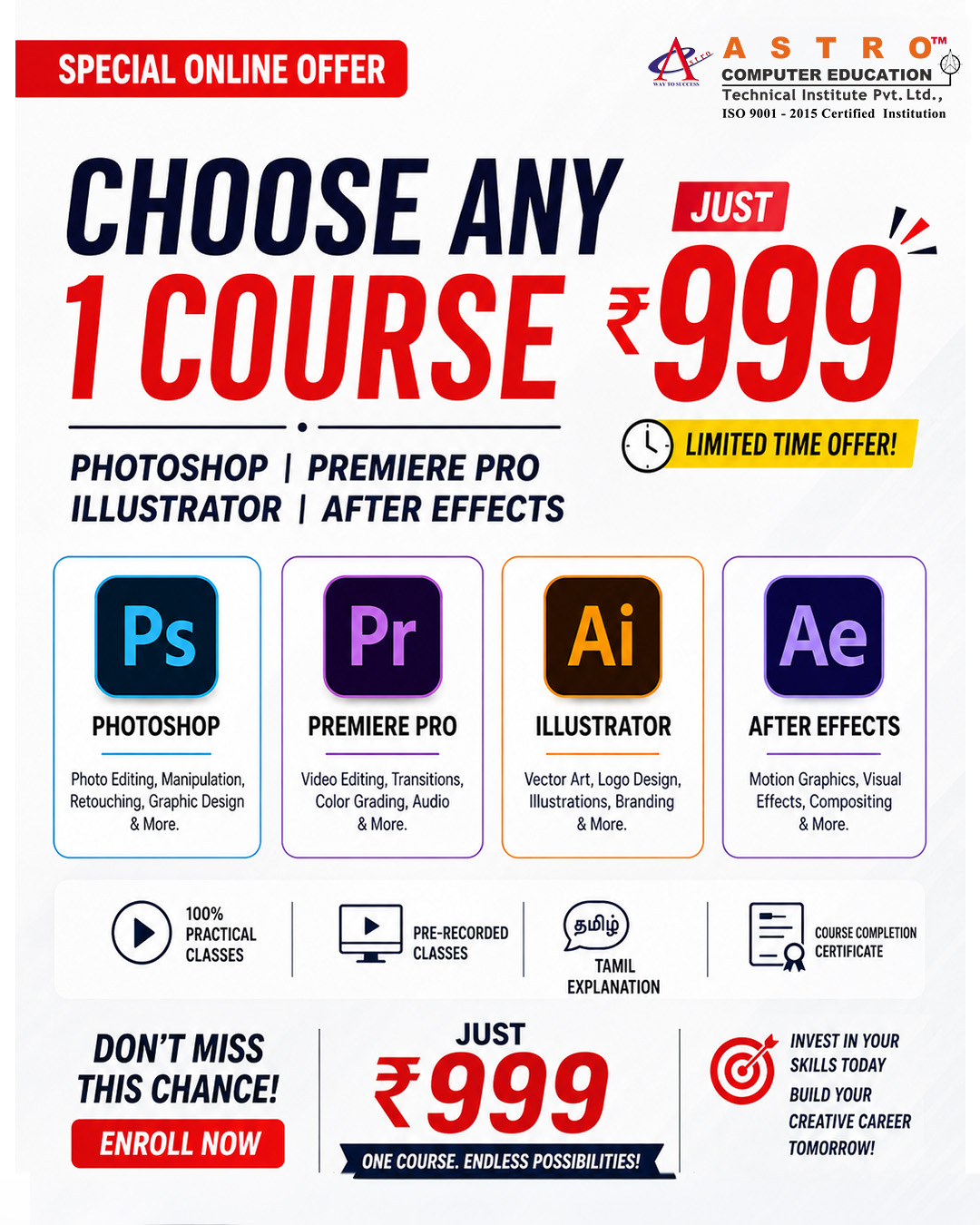 Astro Computer Education Facebook ad: Choose ANY 1 Professional Course for JUST
