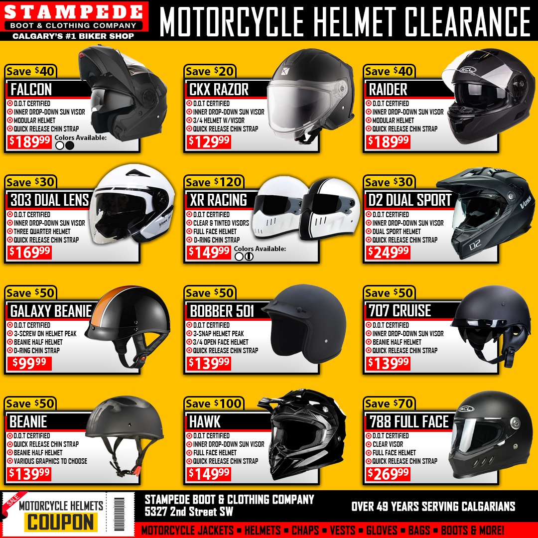 Stampede Boot and Clothing Company Facebook ad: MOTORCYCLE HELMET CLEARANCE SALE ON NOW