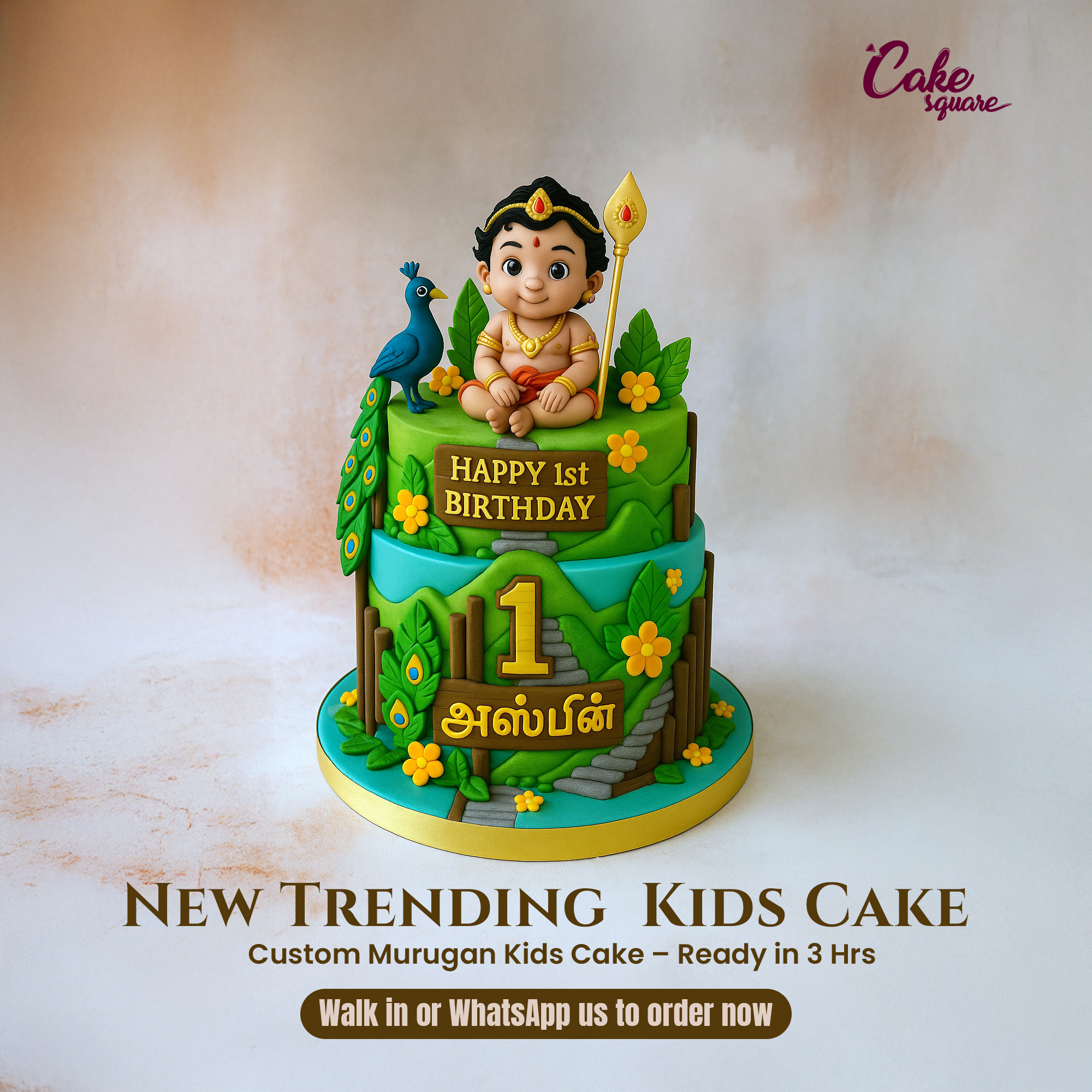 Cake Square Chennai Facebook ad: Custom Murugan Cake, Ready in 3 Hours