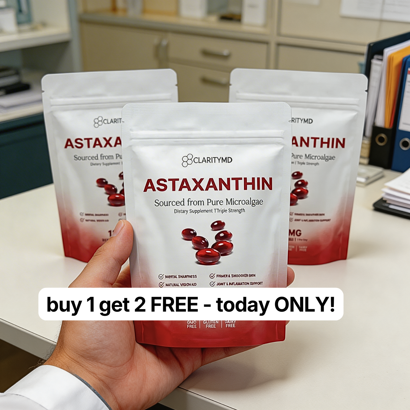 The Holistic Health Expert Facebook ad: Clinically Dosed Astaxanthin, No Fillers, Just Results