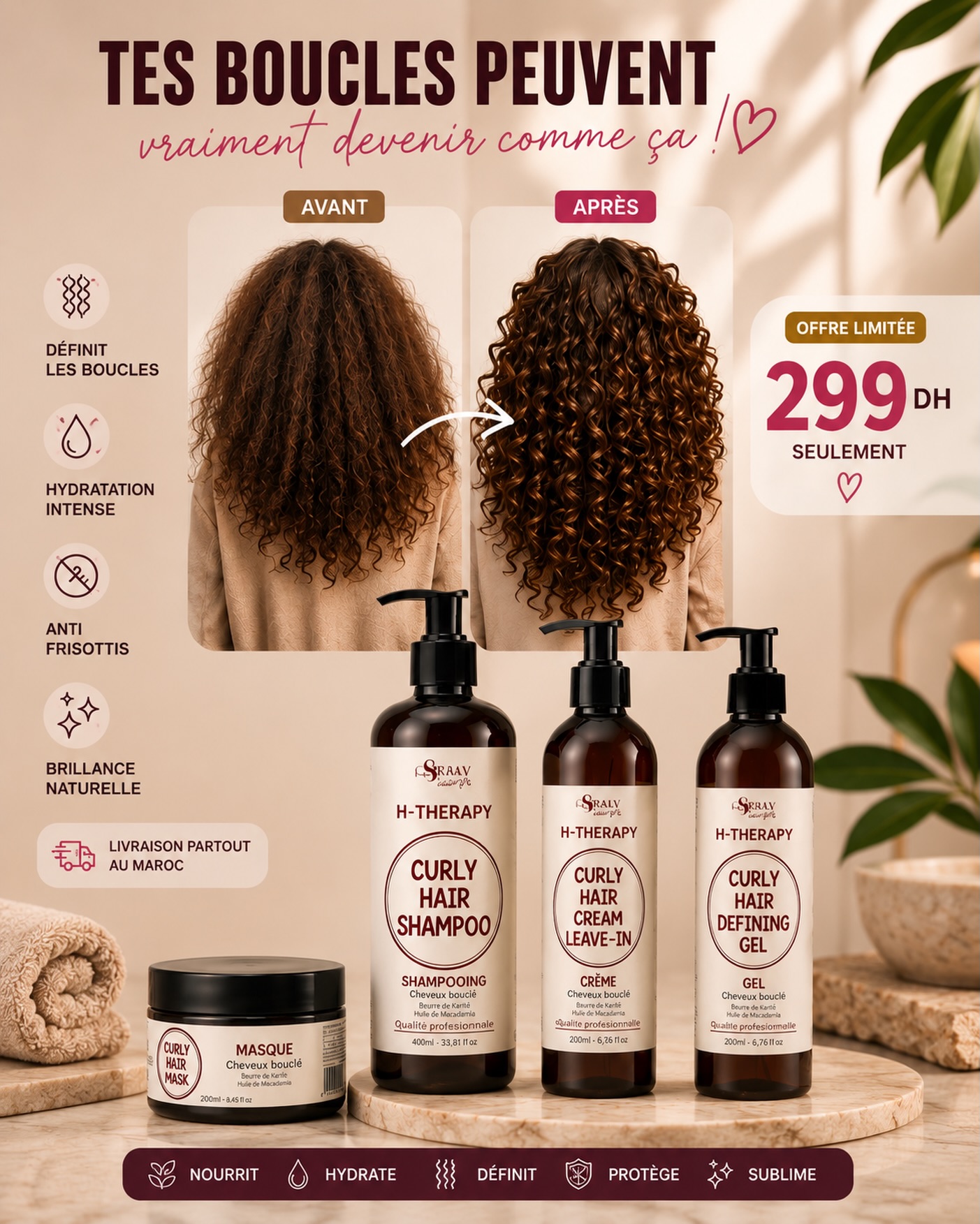 Osrah Cosmetics Facebook ad: Pack Curly Hair Care, Pack Cheveux Bouclés (4 Produits)