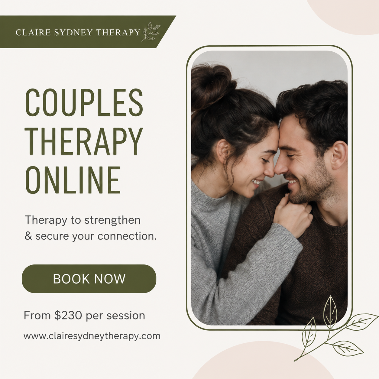Claire Sydney Therapy Facebook ad: Feeling disconnected, stuck in recurring arguments, or…