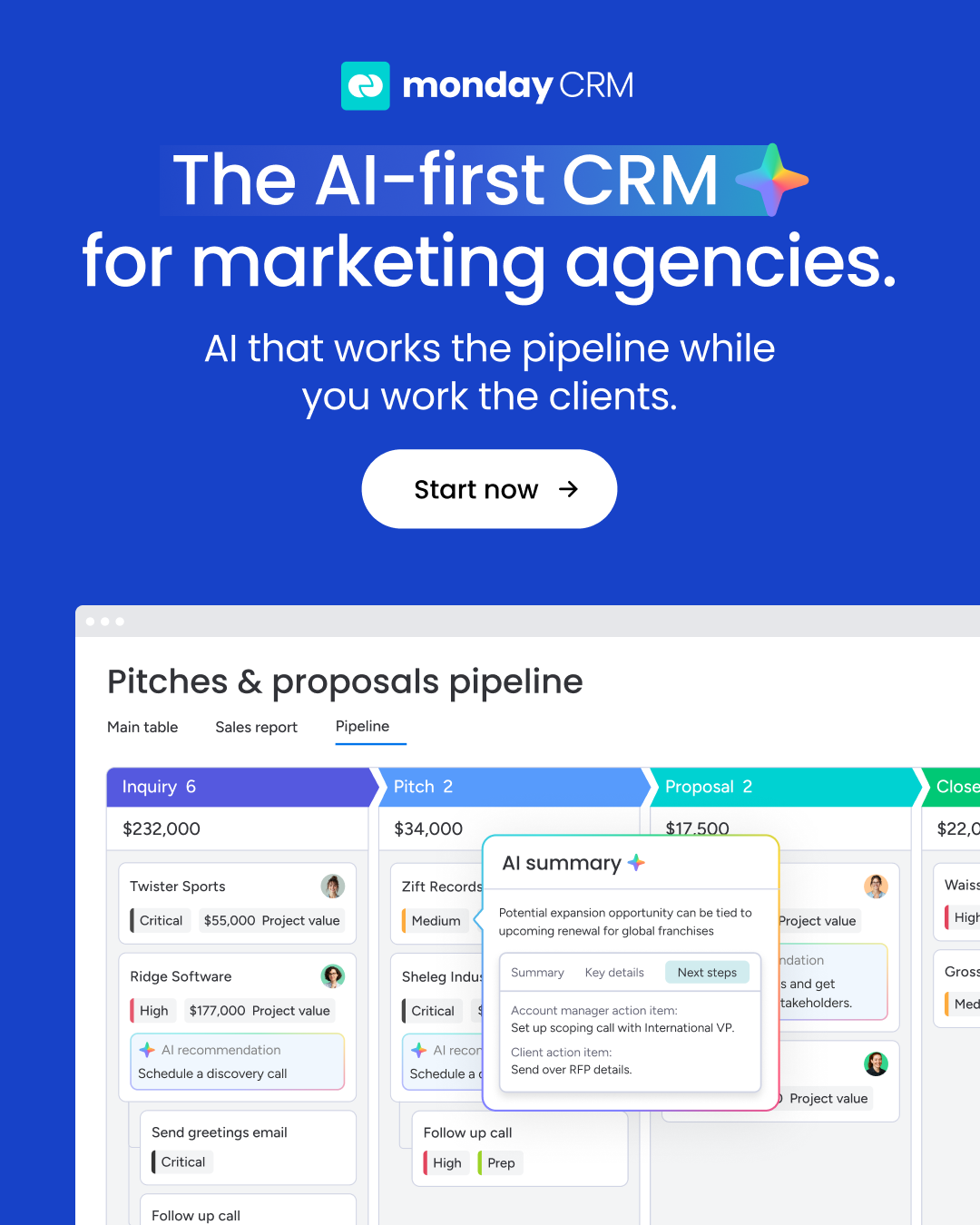 monday CRM Facebook ad: The AI CRM for Agencies.