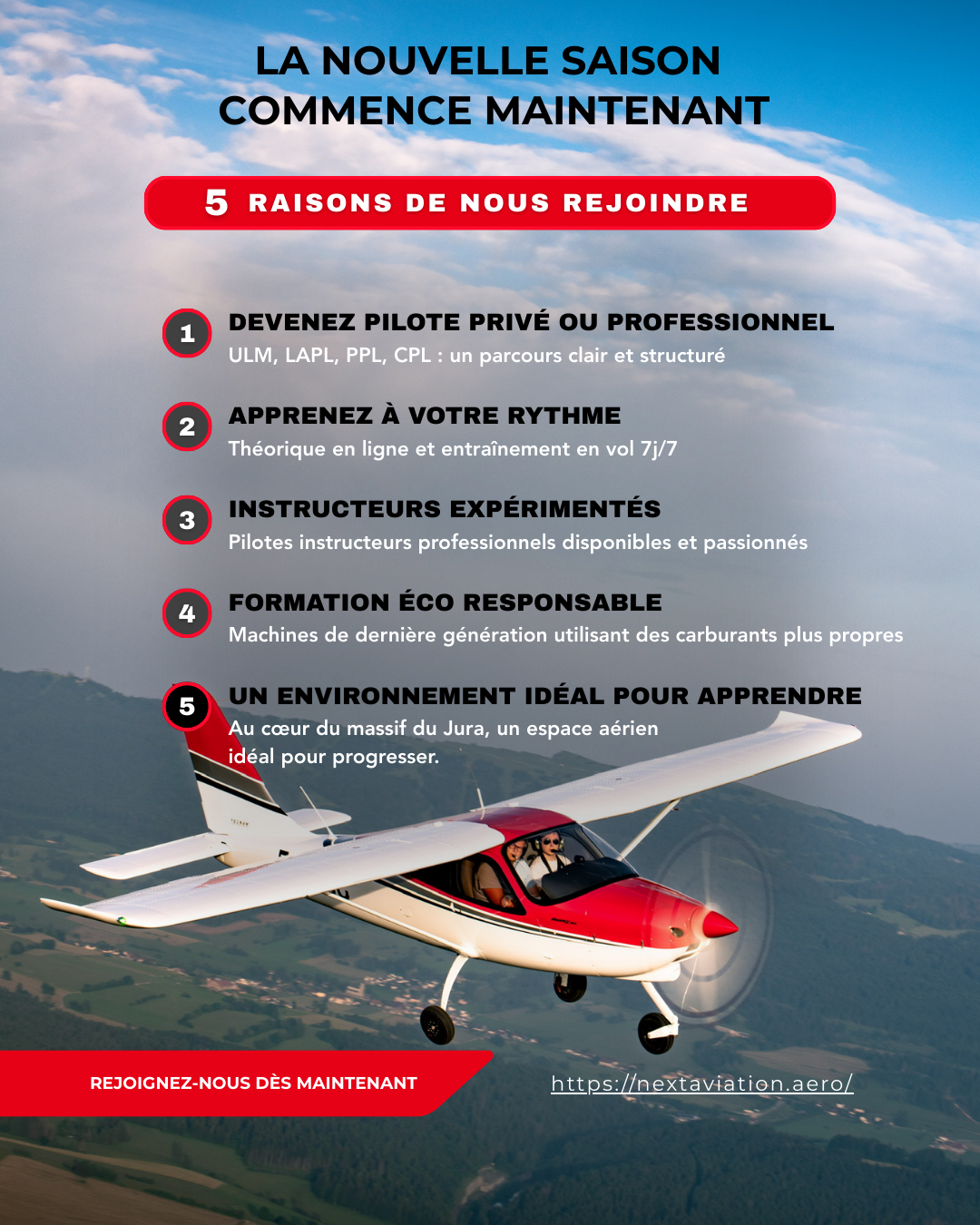 NextAviation Facebook ad: 5 raisons de nous rejoindre pour débuter la saison
