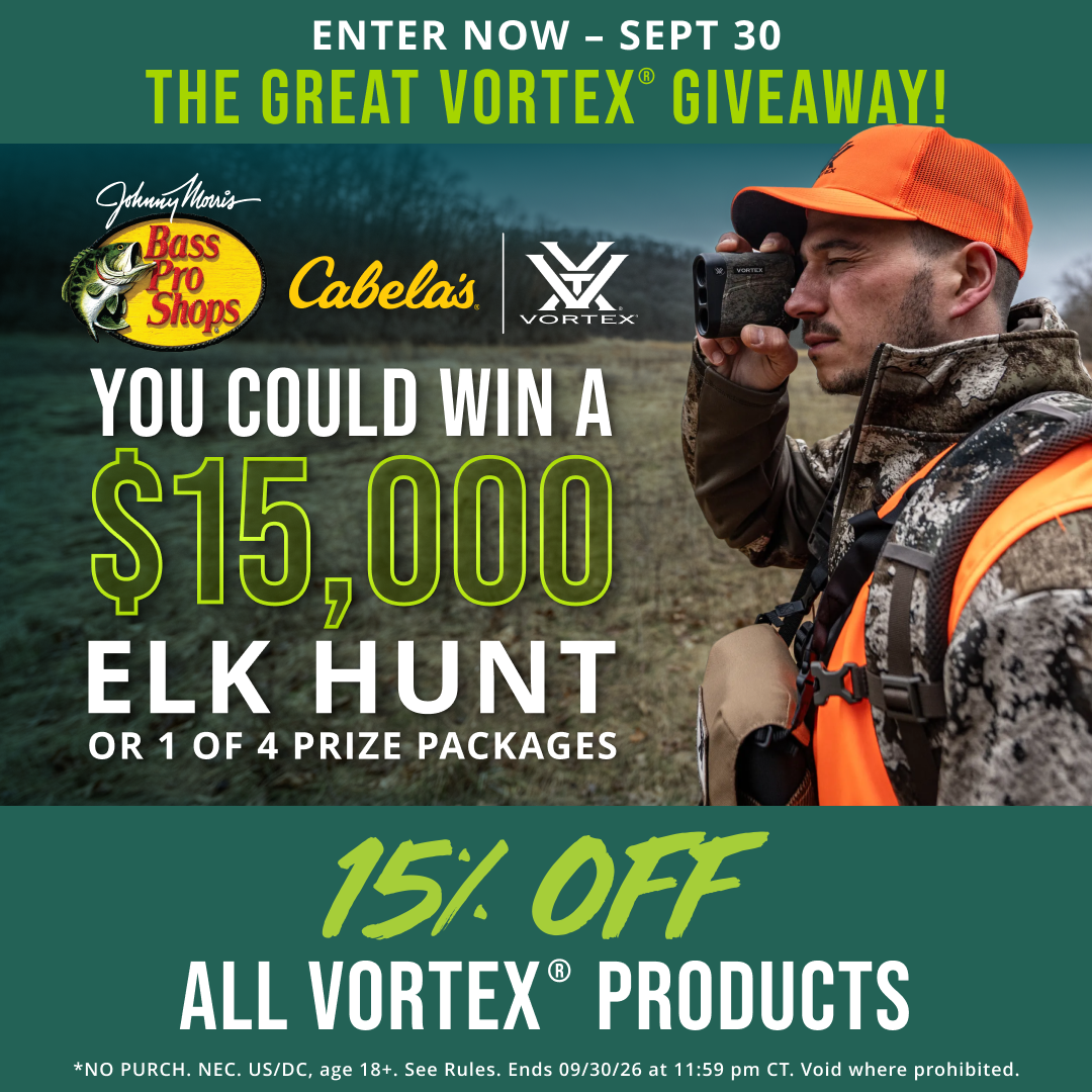 Bass Pro Shops Facebook ad: 15% Off Vortex & Win a $15k Hunt