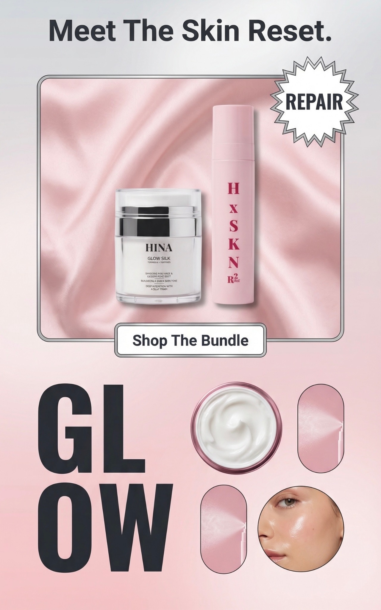 H x SKN Facebook ad: Bye Dry Skin, Hello Glow
