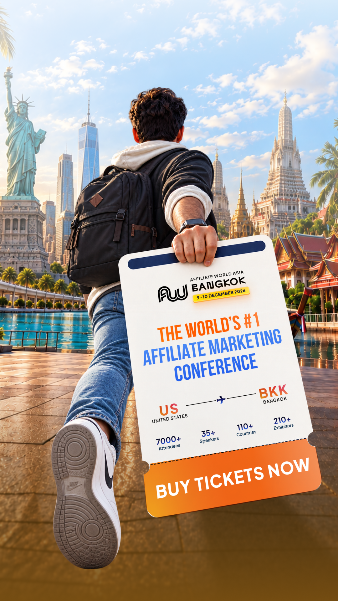 Affiliate World Conferences Facebook ad: Next stop: Bangkok. The industry is boarding.