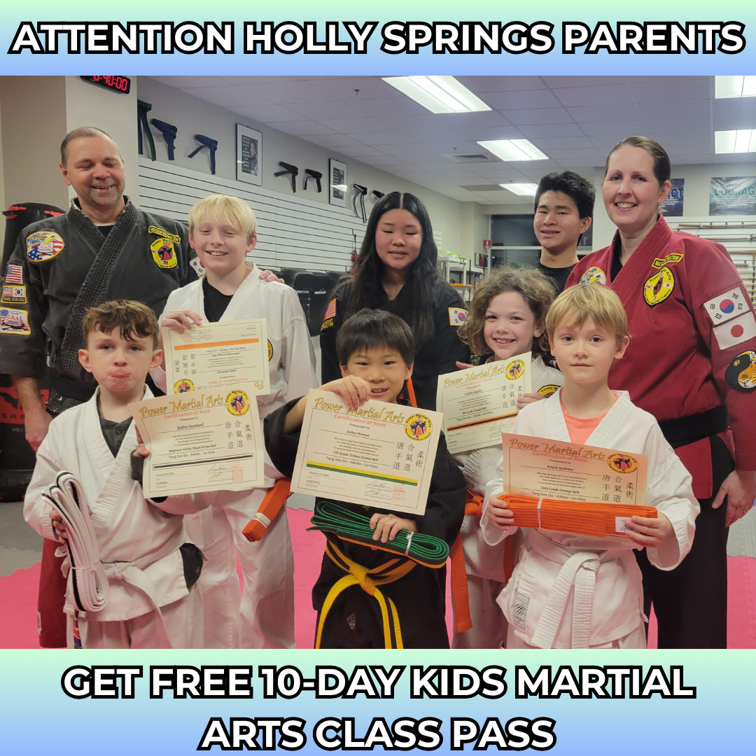 Power Martial Arts Holly Springs NC Facebook ad: Want a FREE 10-Day, Kids Martial Arts Class Pass?