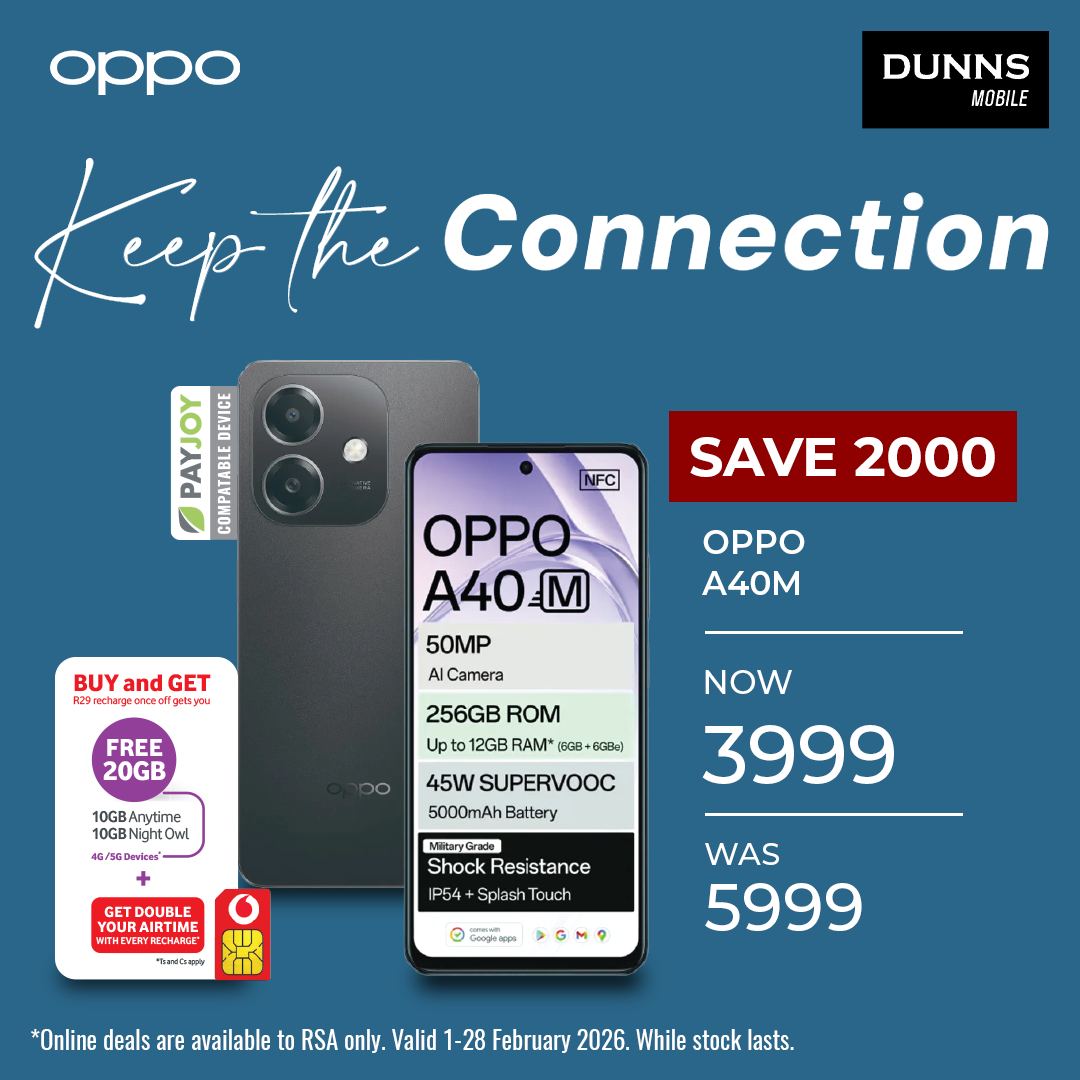 Dunns Mobile Facebook ad: Oppo A40M 256GB 4G DS (Vodacom) - Black