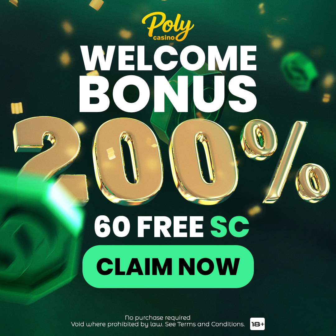 PolyCasino Facebook ad: 60 FREE SC, RIGHT NOW