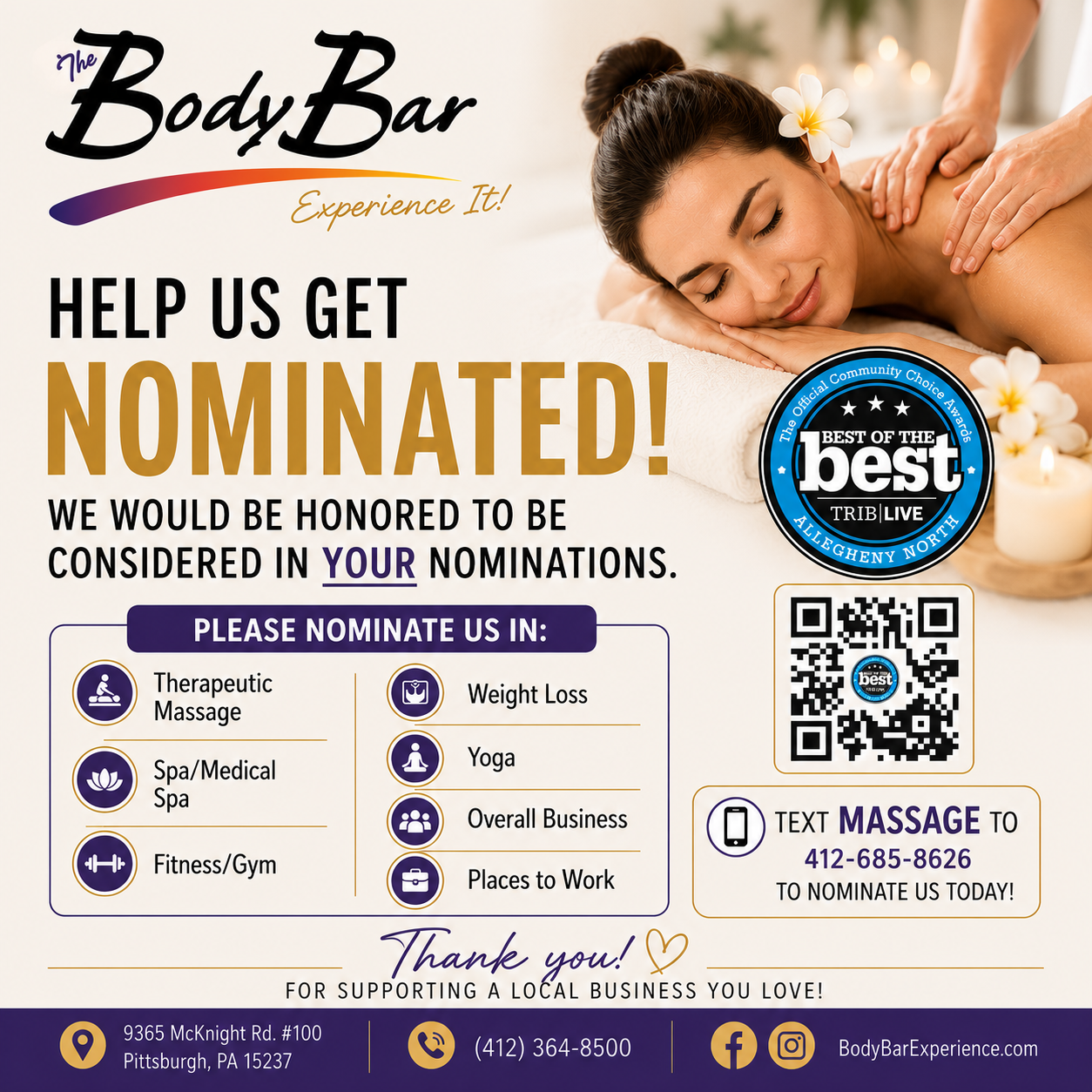 The Body Bar Facebook ad: Help Nominate The Body Bar!
