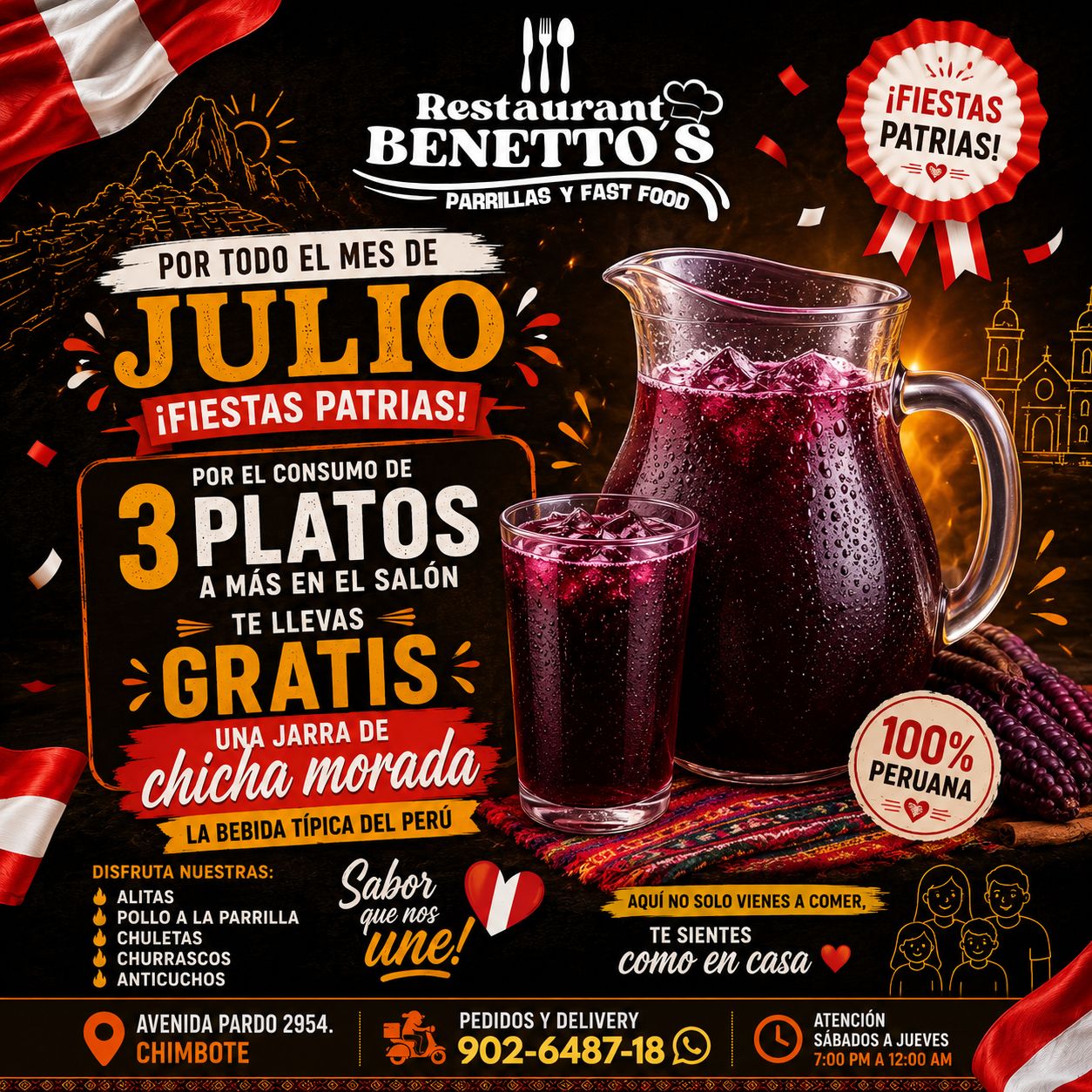 Restaurant Benetto's Facebook ad: ¡Todo julio celebramos las Fiestas Patrias en Benetto's!