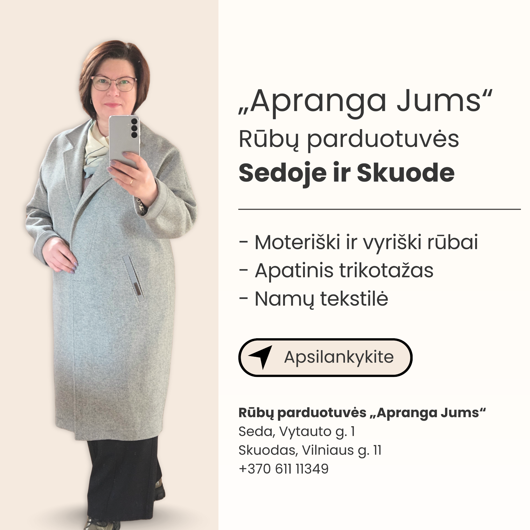 Apranga Jums - Seda, Skuodas Facebook ad: Rūbų parduotuvės Sedoje ir Skuode, Apranga Jums