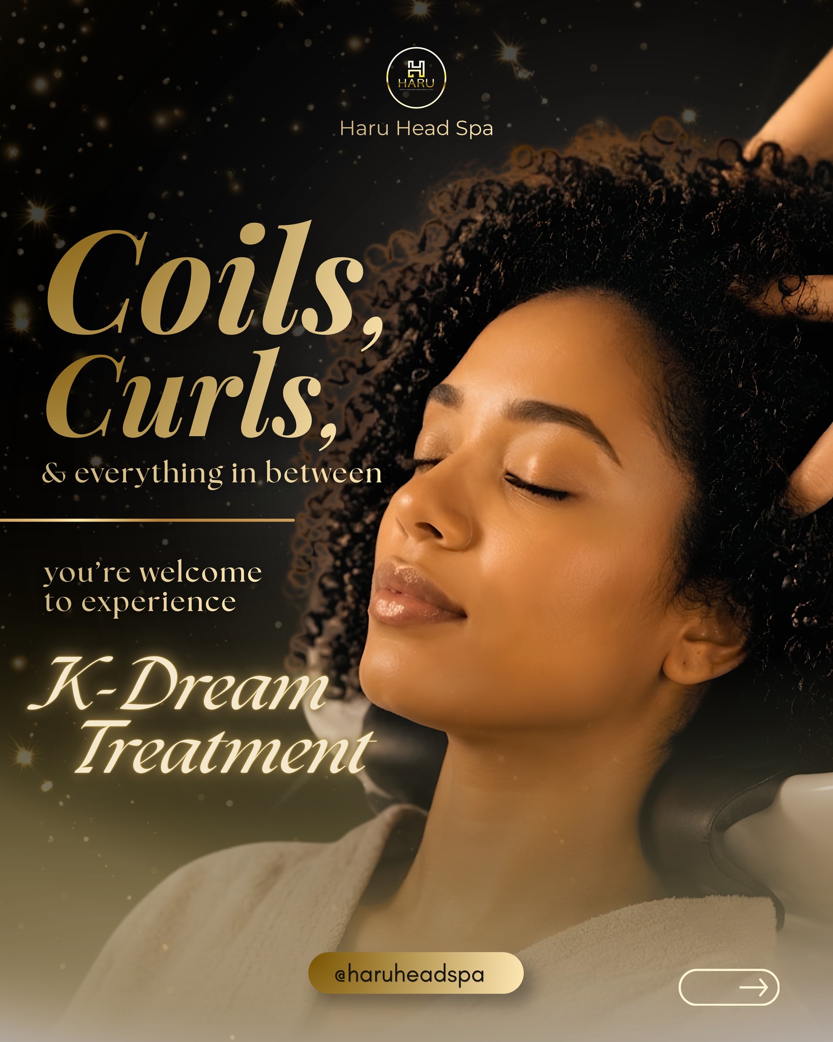 Haru Head Spa Facebook ad: Coils, curls, and everything in between, you're welcome…