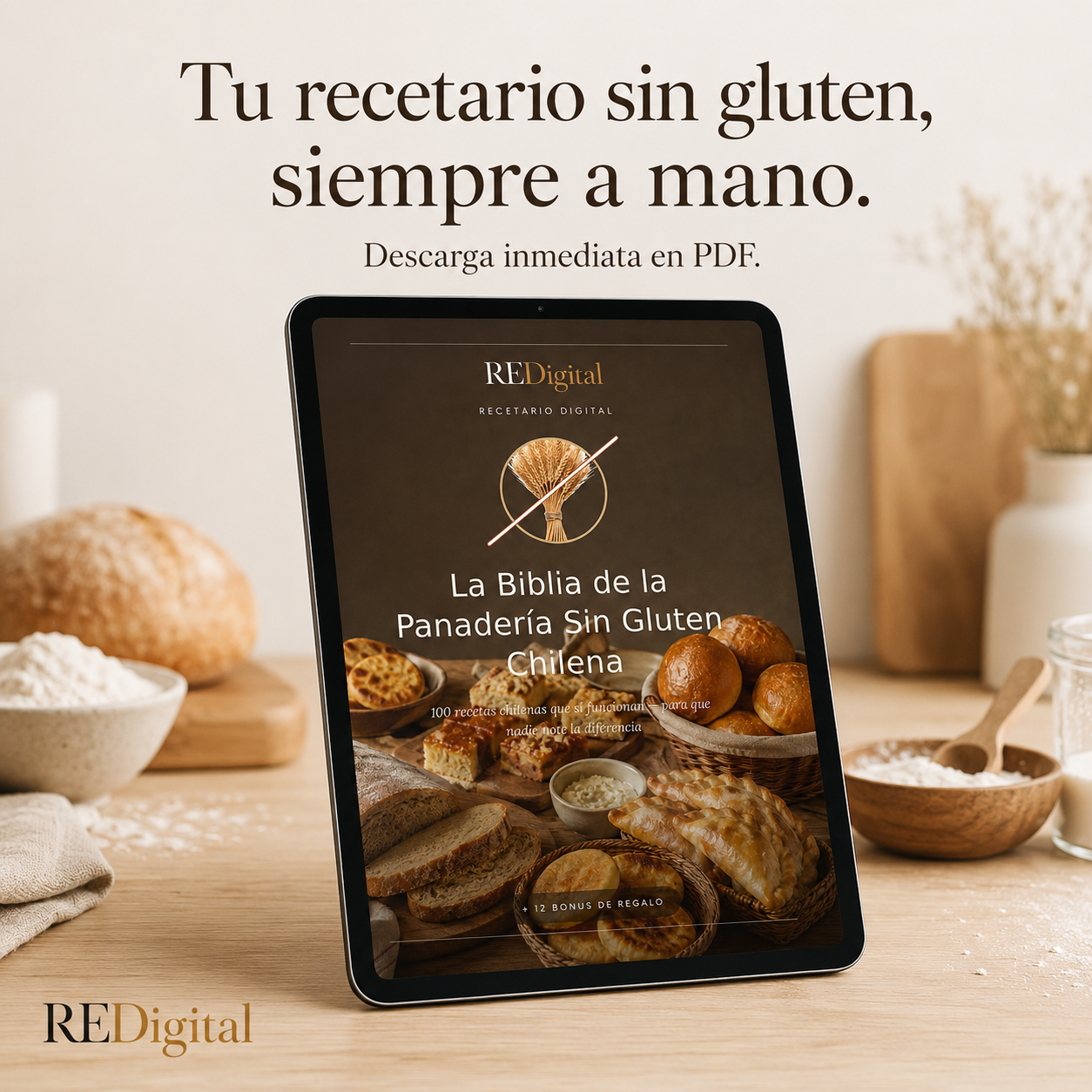 Redigital Facebook ad: +100 recetas sin gluten que sí funcionan