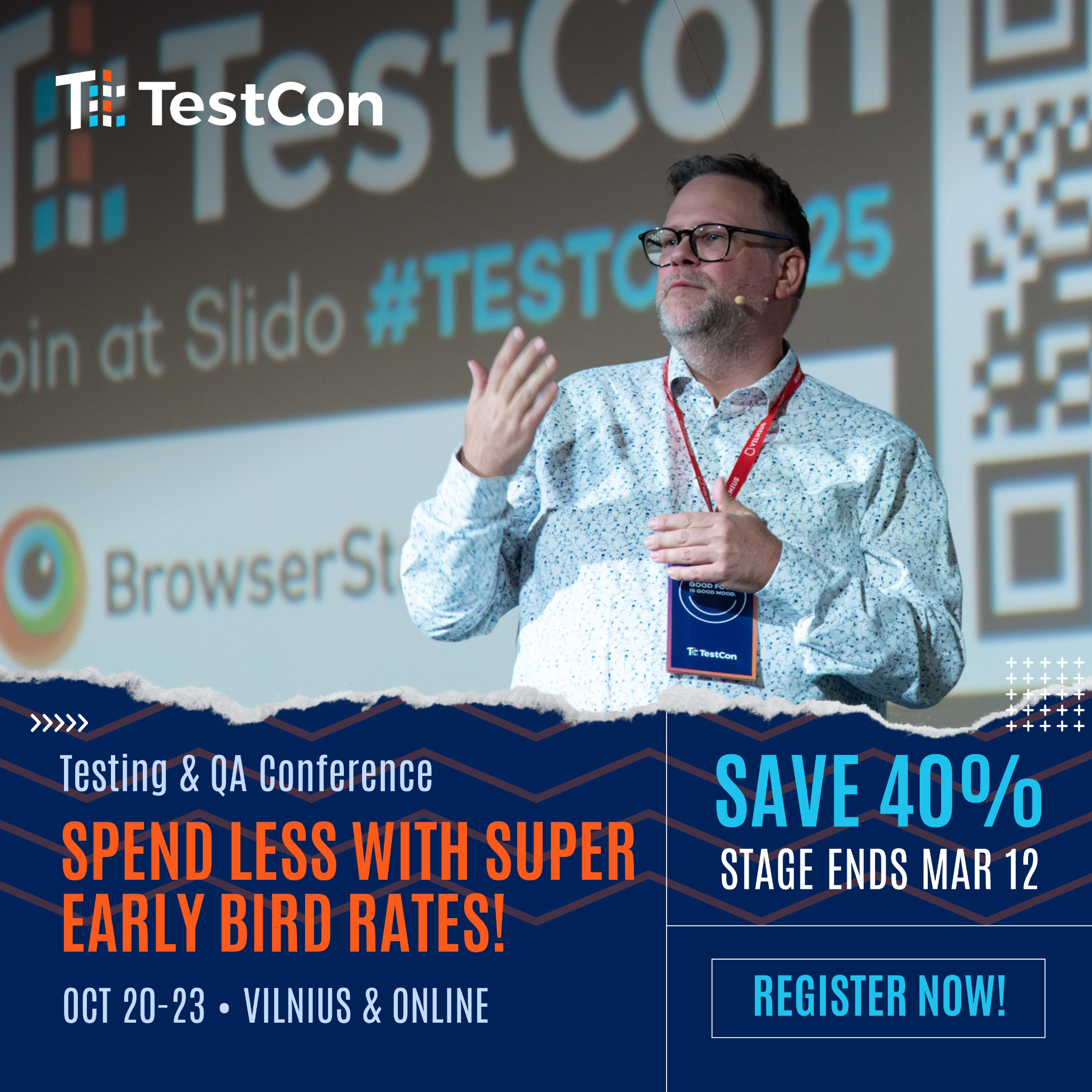 TestCon Europe Conference Facebook ad: Super Early Bird Tickets: Save 40%