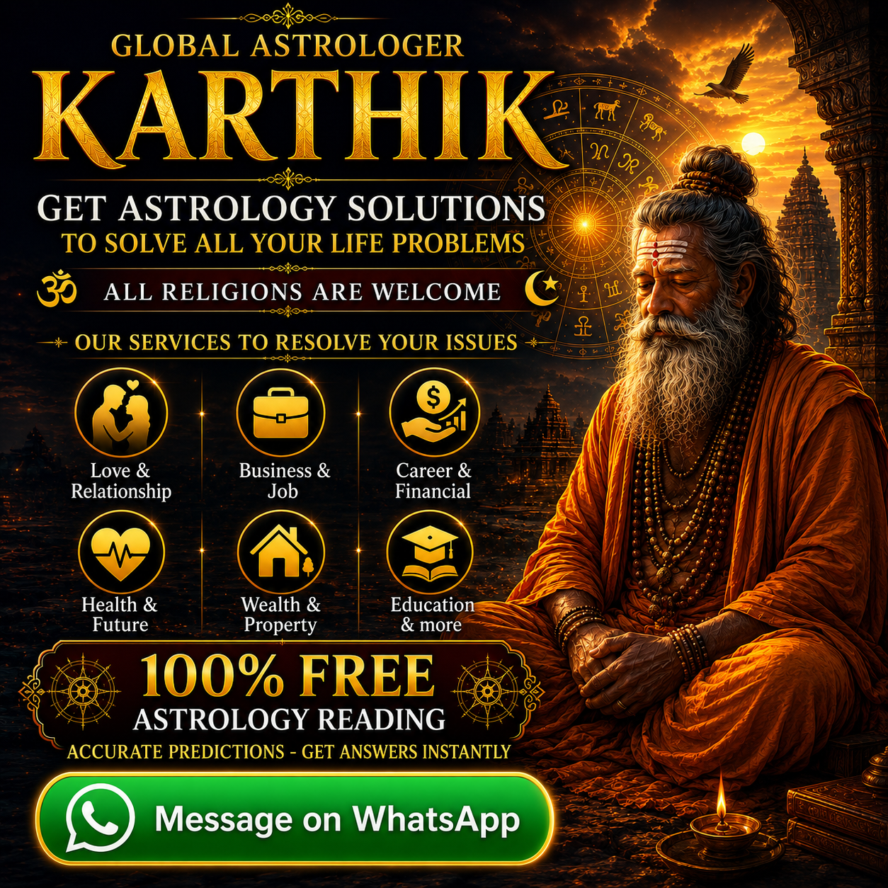 Global Astrologer Karthik Facebook ad: 100% Free Astrology Reading - Connect on WhatsApp