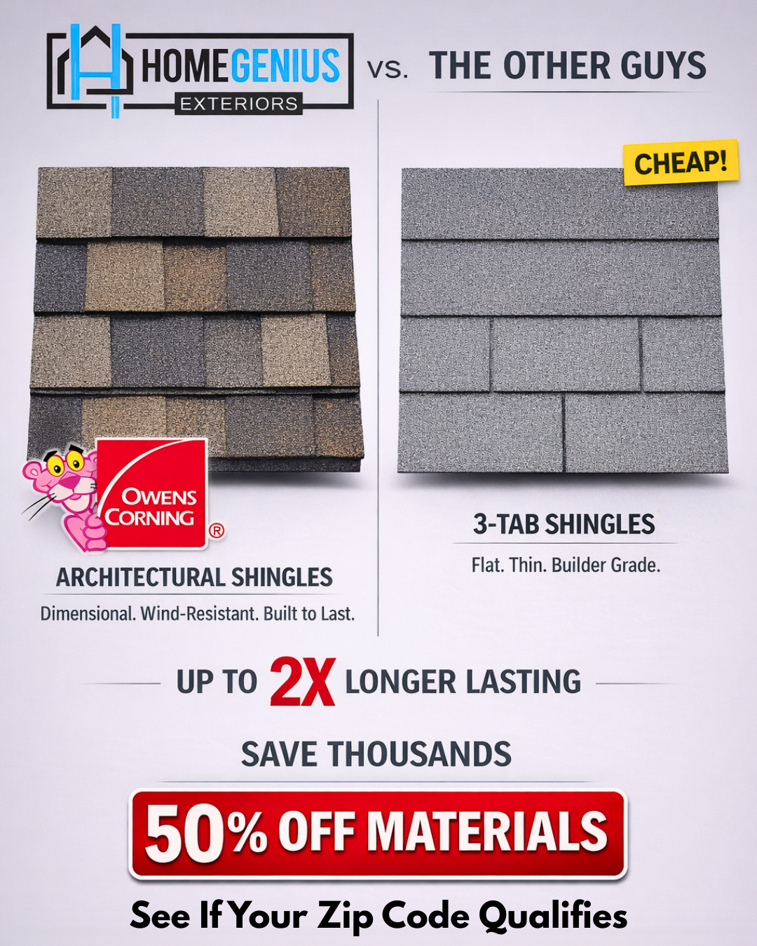 Home Genius Exteriors Facebook ad: Get 50% OFF Materials On A Roof Replacement