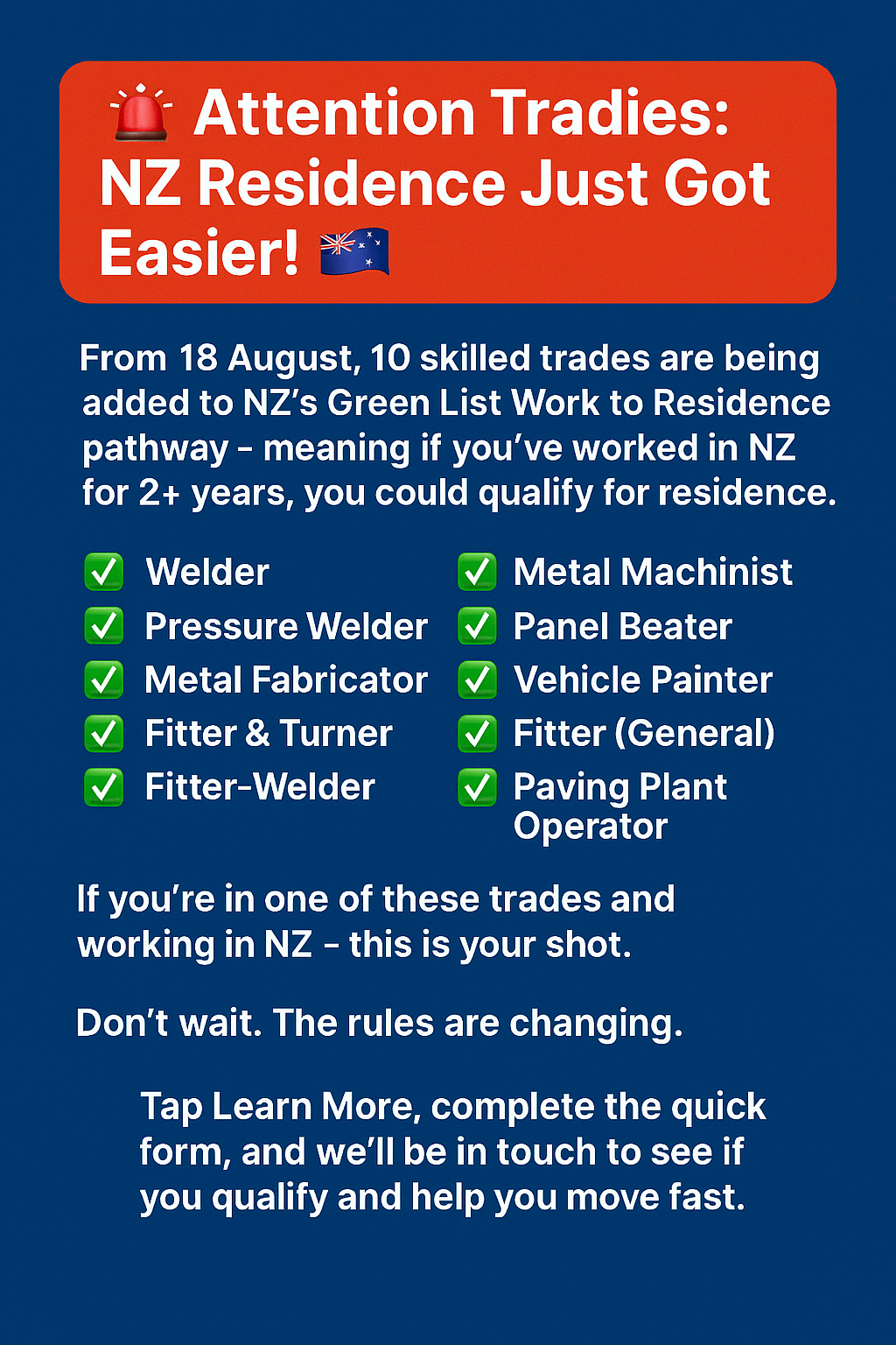 Migration and Investment Facebook ad: Attention Tradies: NZ Residence Just Got Easier!