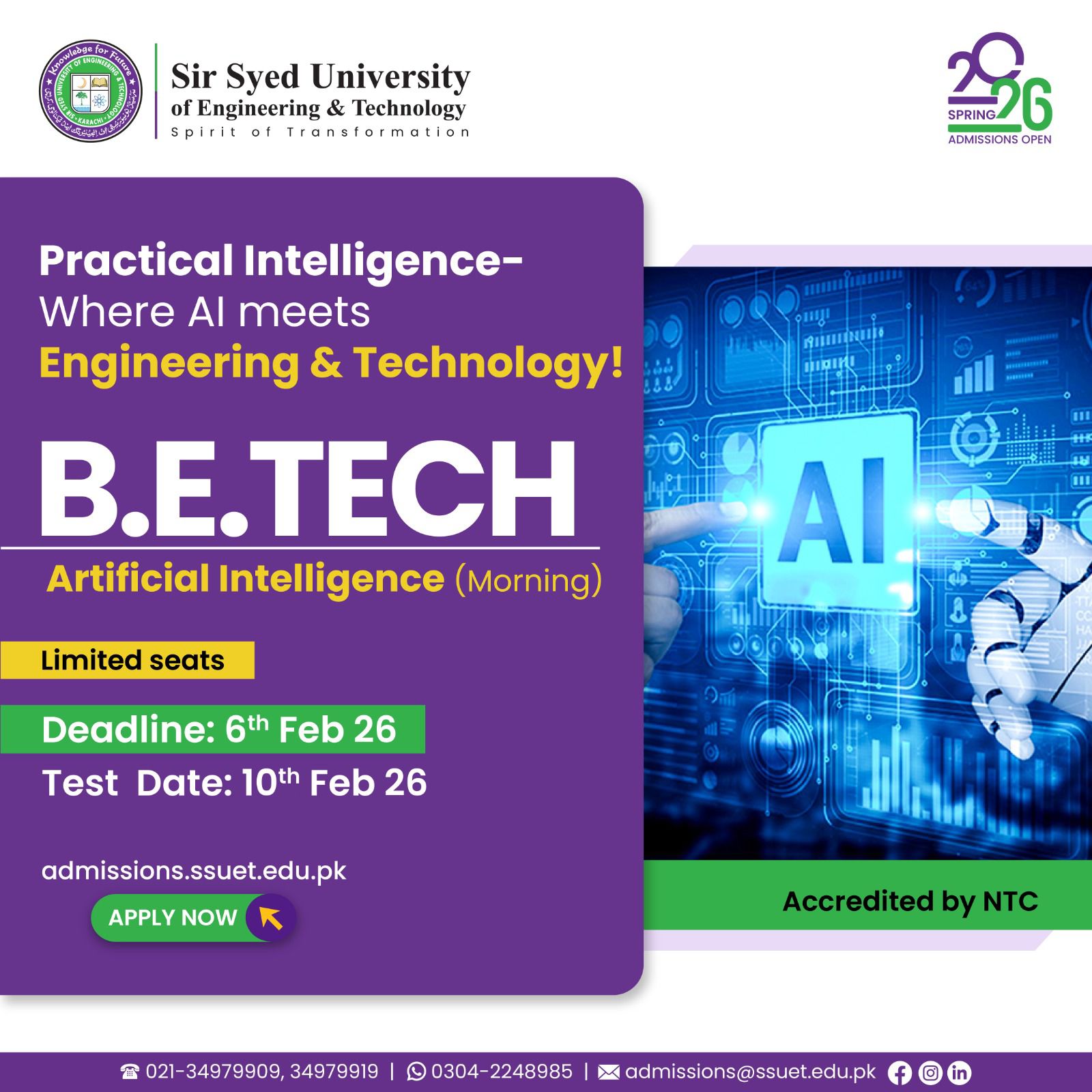 SSUET - Sir Syed University of Engineering & Technology Facebook ad: Round 2 admissions now open at SSUET for…