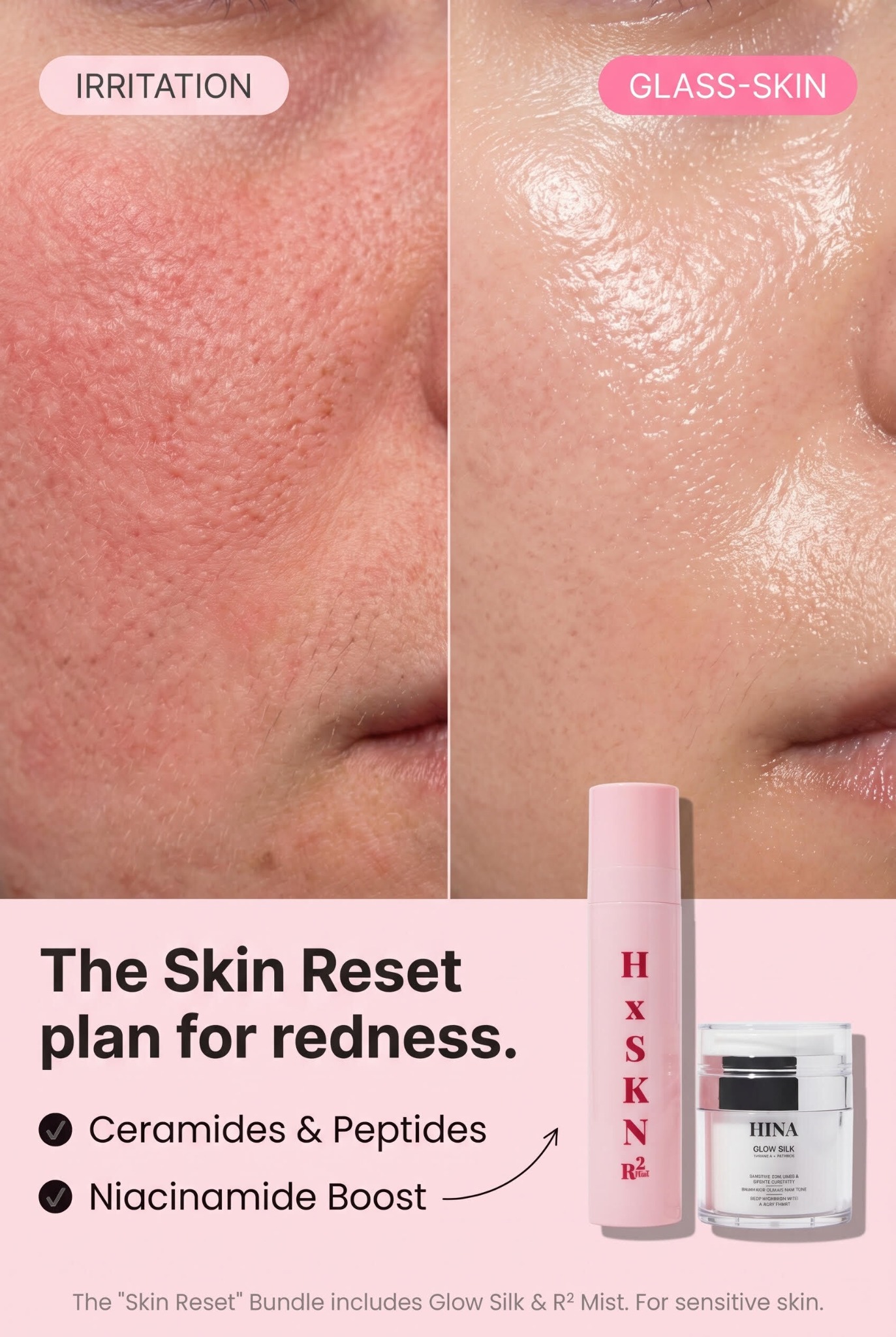 H x SKN Facebook ad: Bye Dry Skin, Hello Glow