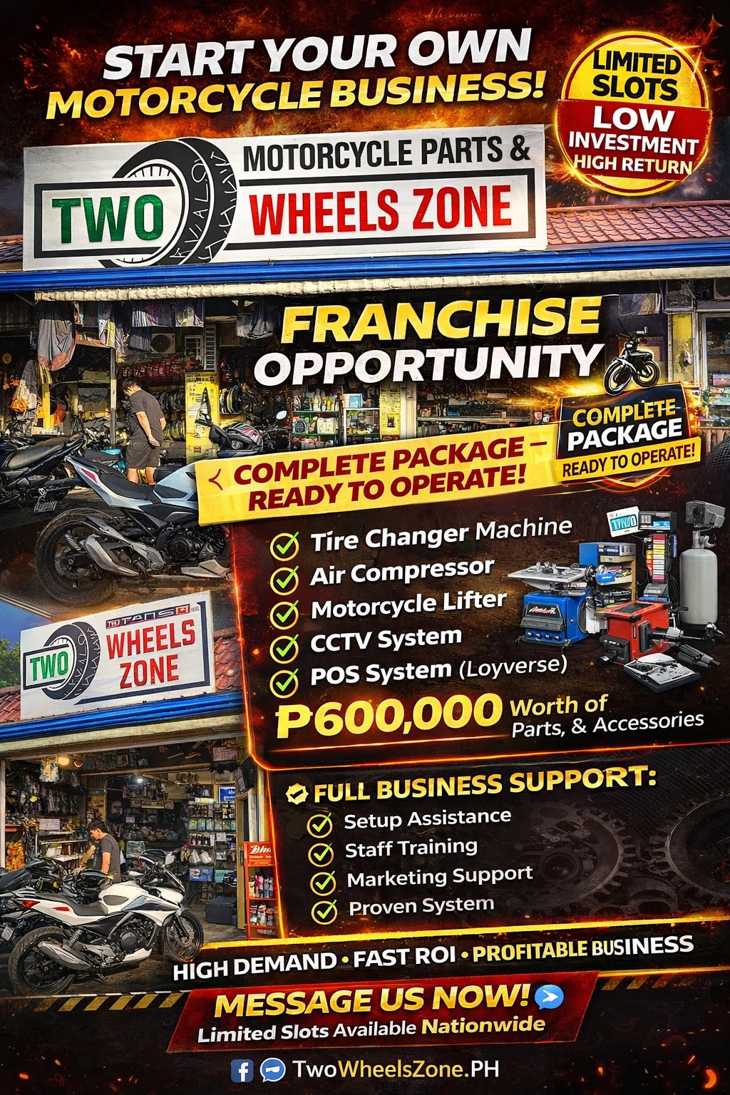 Two Wheels Zone Franchising Facebook ad: START YOUR OWN MOTORCYCLE BUSINESS TODAY!
