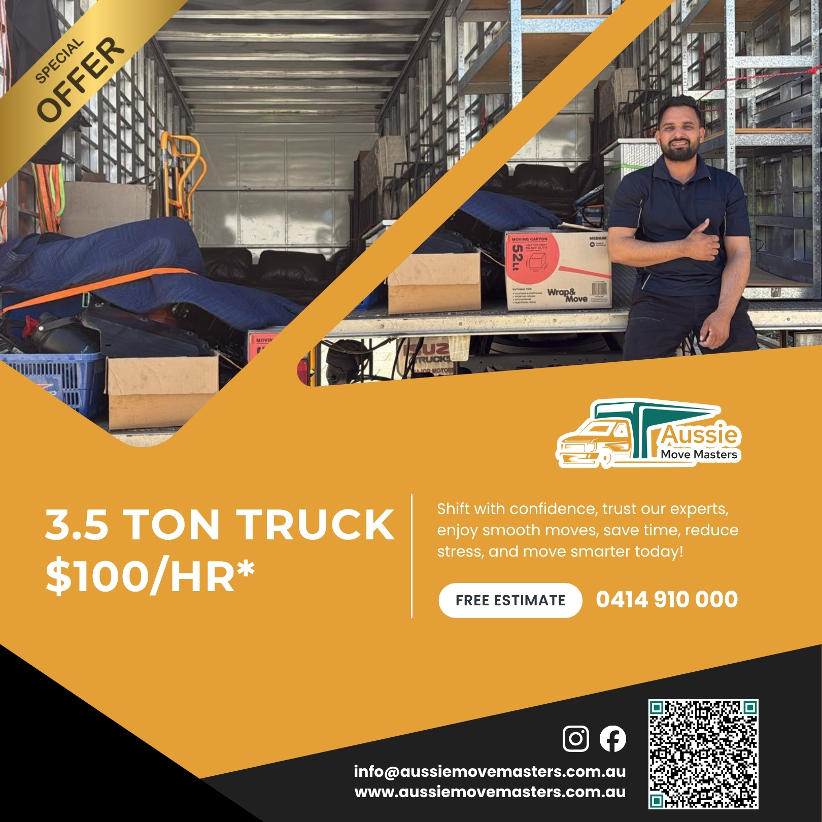 Aussie Move Masters Facebook ad: Low-Cost Moves, Aussie Approved