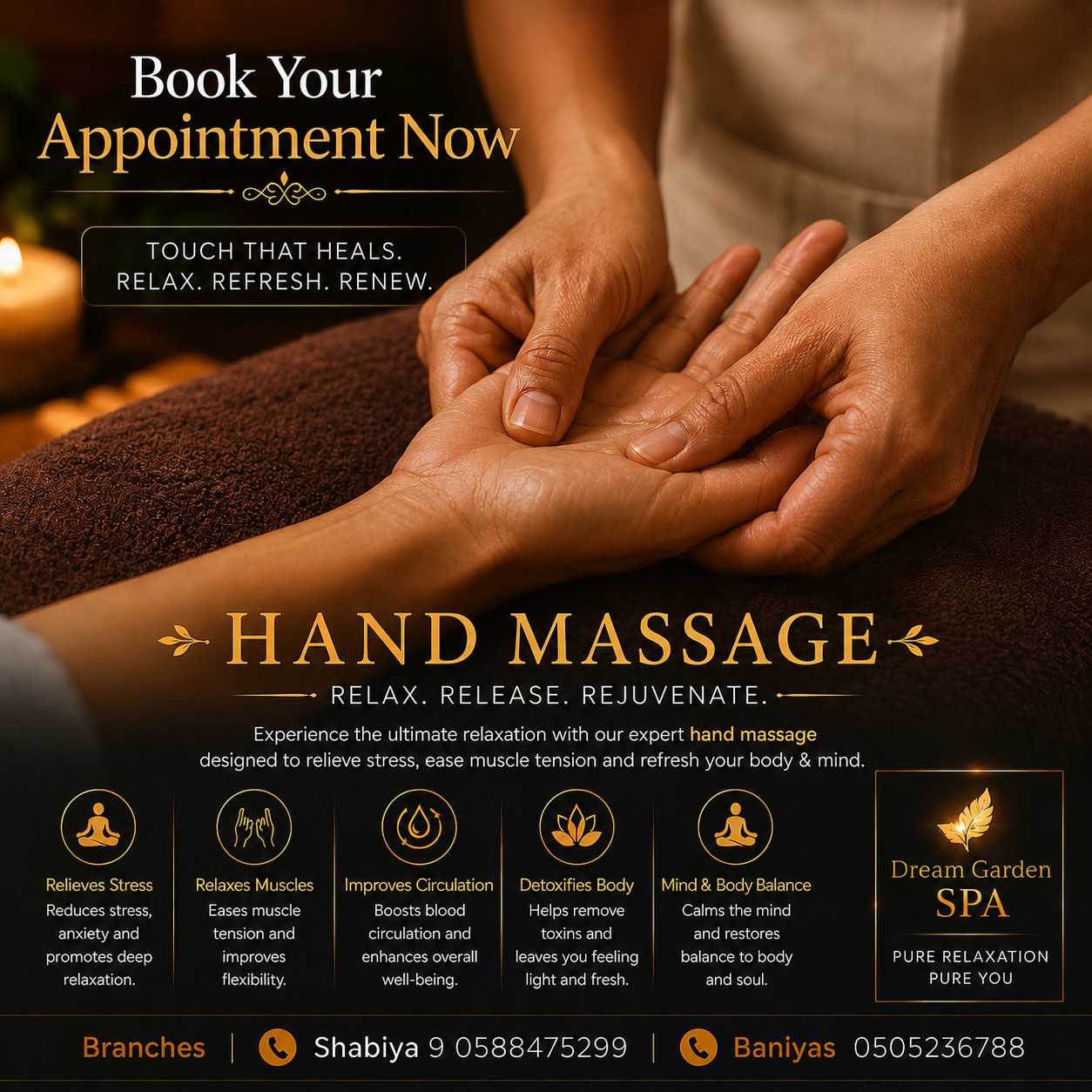 Dream Garden SPA Baniyas Facebook ad: Healing hands for overworked hands.