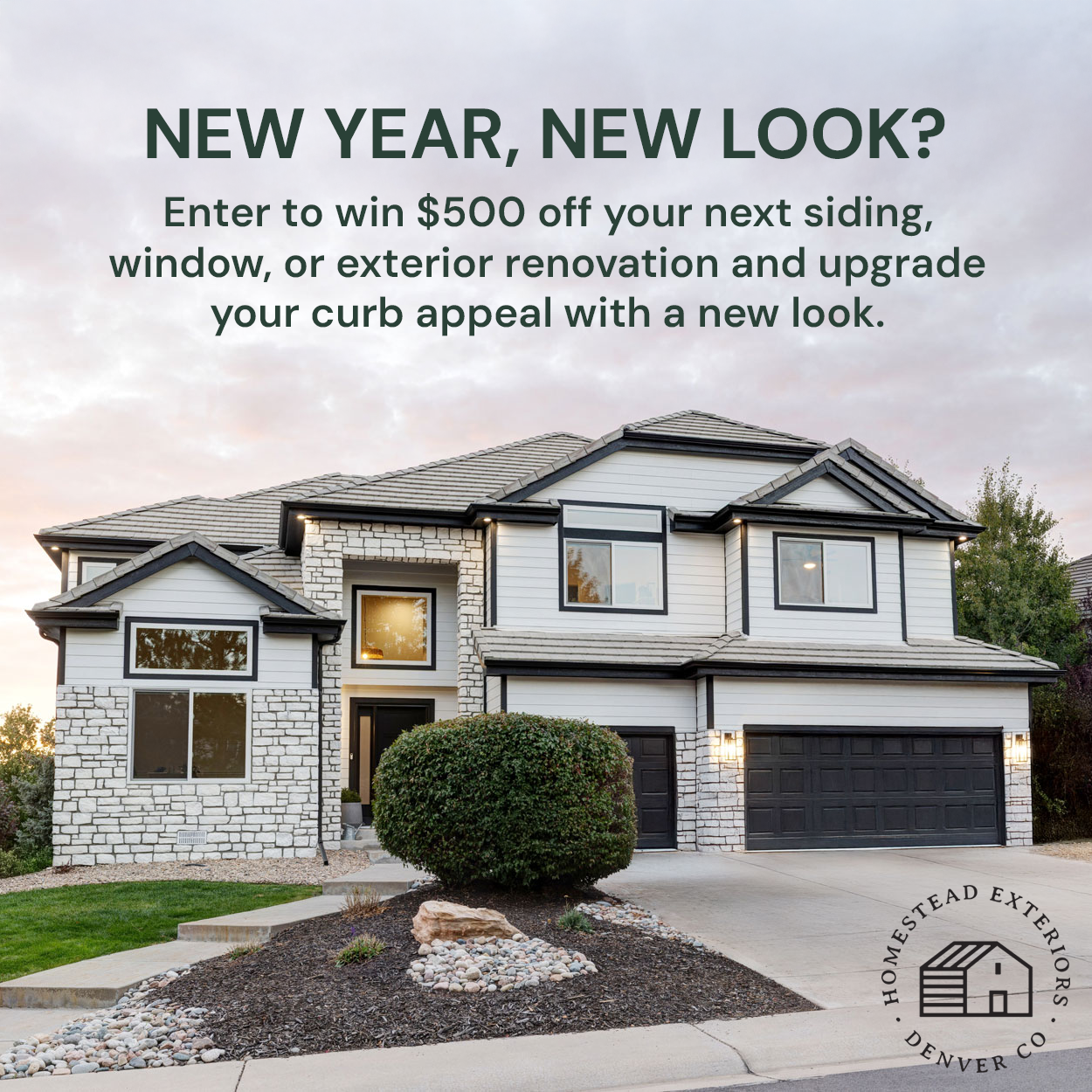 Homestead Exteriors Facebook ad: You could win $500 off your next home renovation, just for…