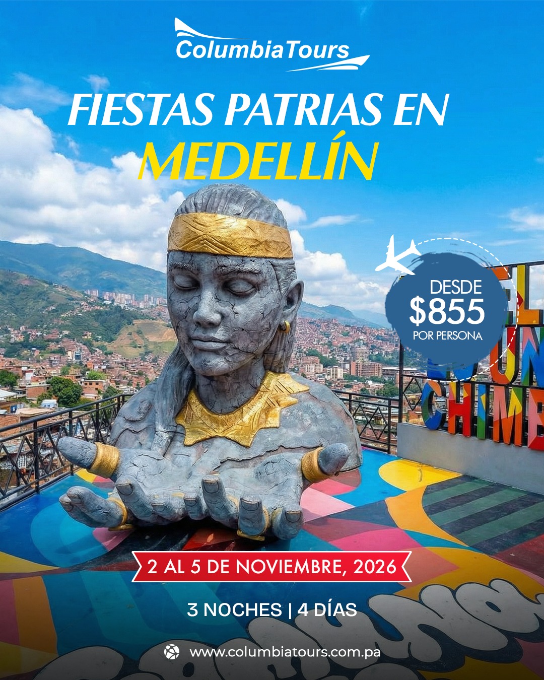 Columbia Tours Facebook ad: Café colombiano, vistas desde el MetroCable y barrios…