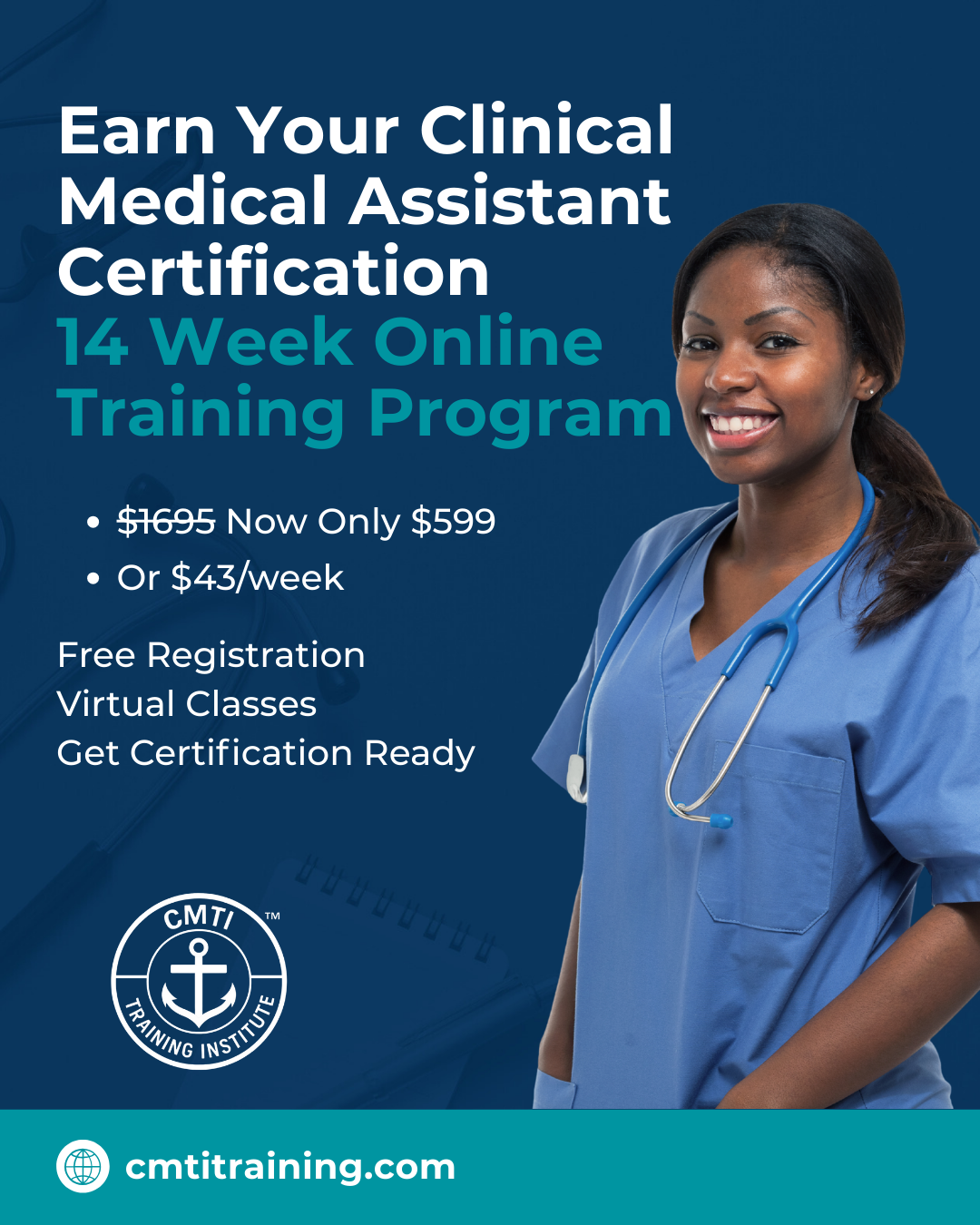 Coastal Medical Training Institute LLC Facebook ad: CCMA Course: Only $43 Per Week!