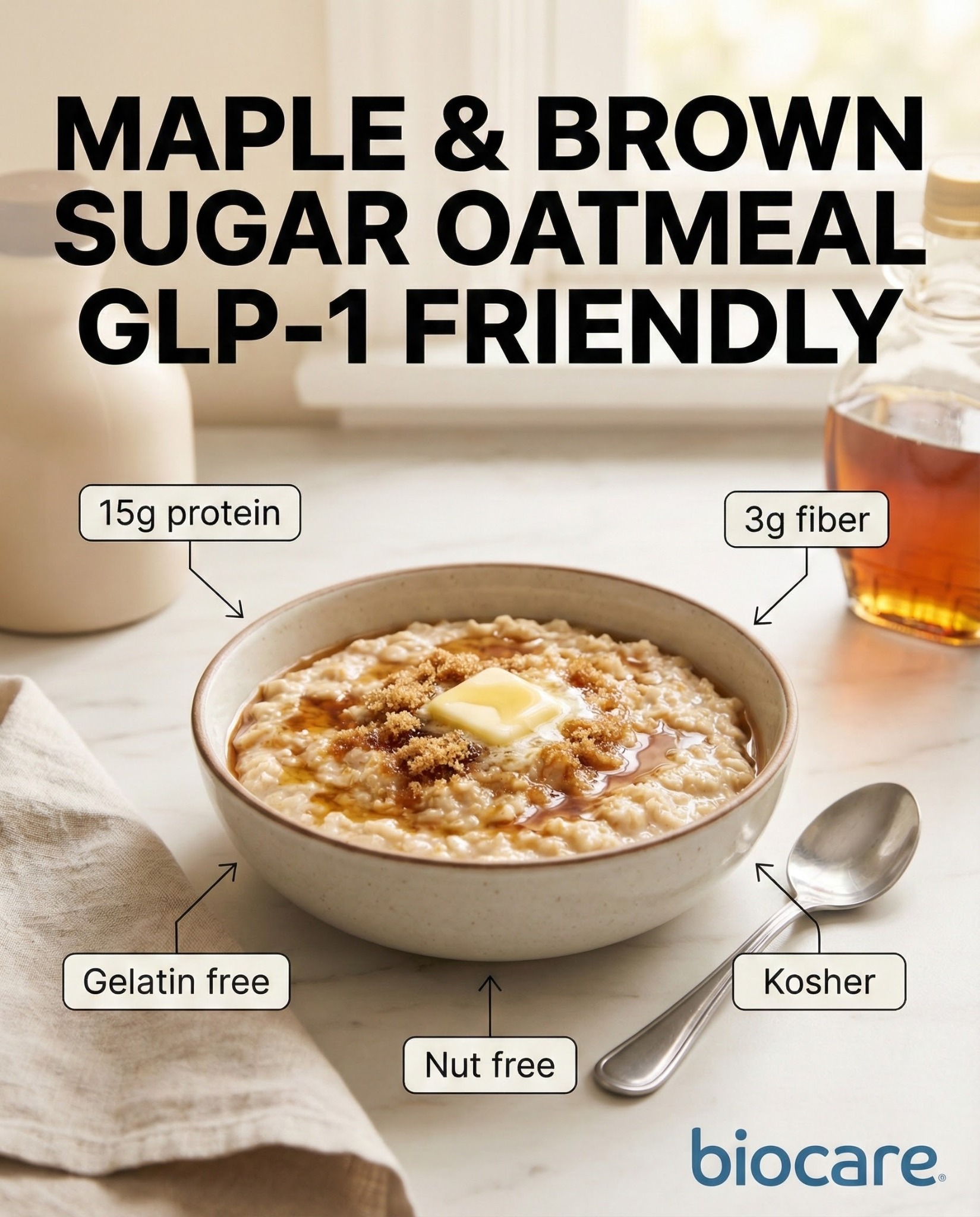 Biocare Nutrition Facebook ad: GLP-1 Friendly Maple & Brown Sugar Oatmeal